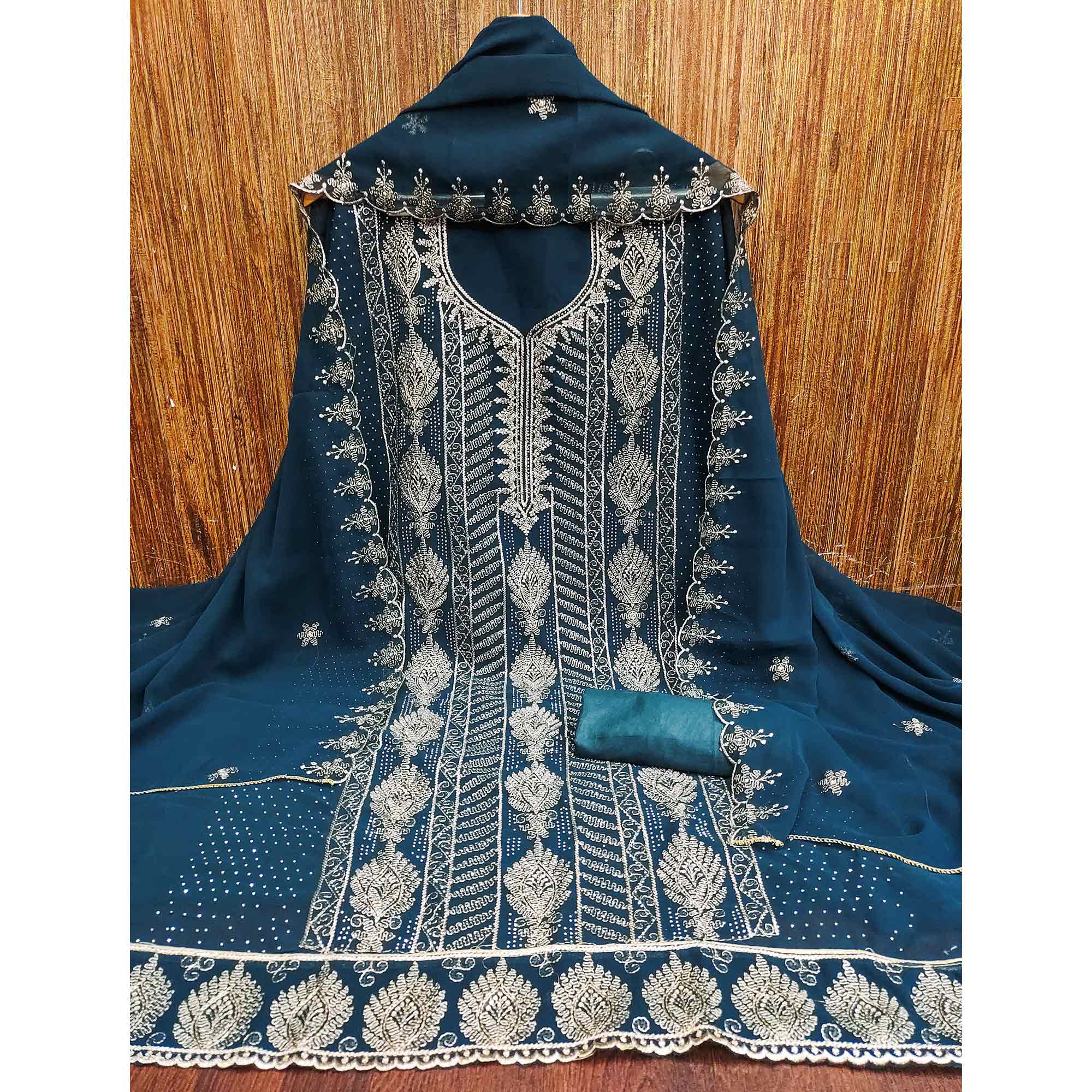 Heavy Thread Embroidered Teal Georgette Unstitched Suit Material - Image 3