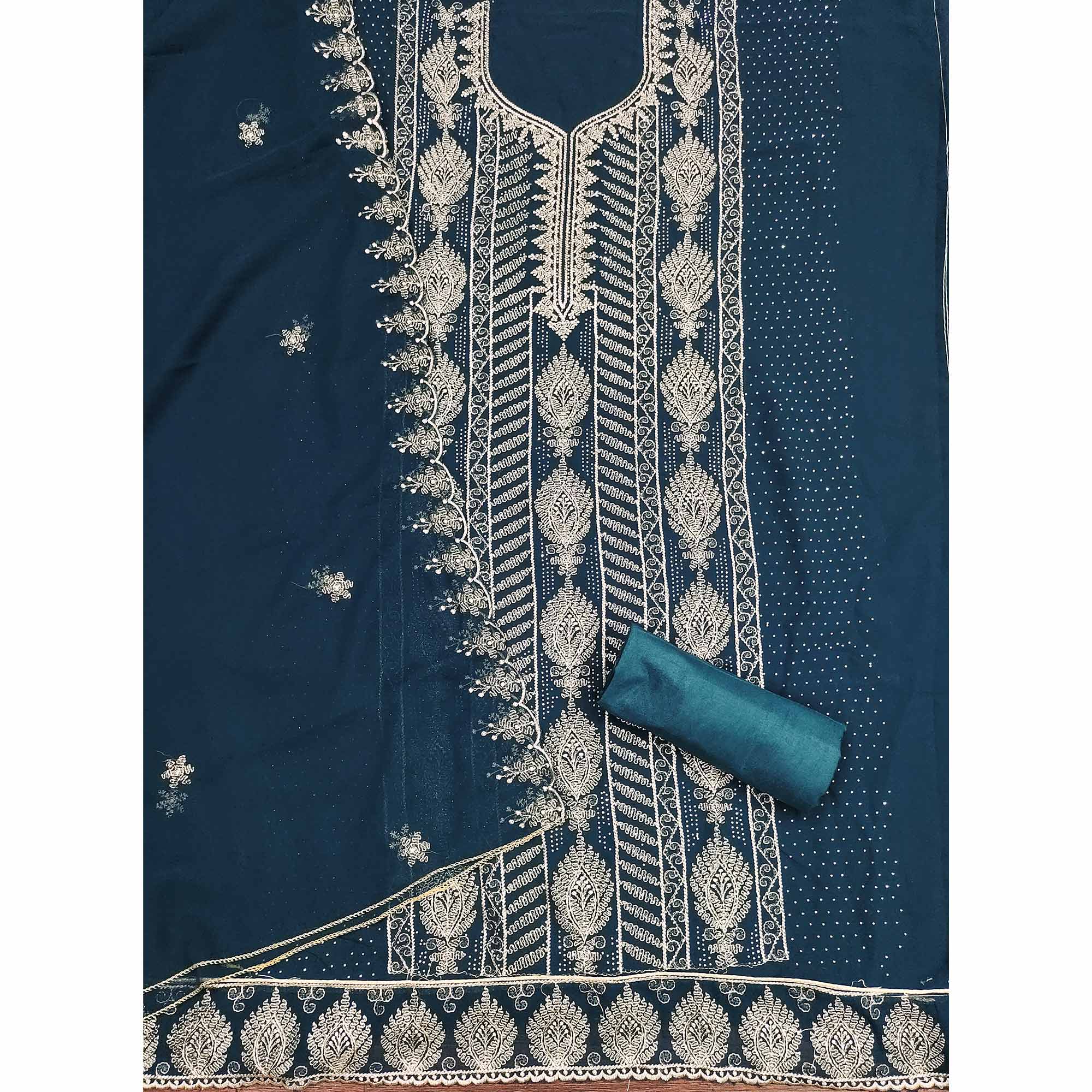 Heavy Thread Embroidered Teal Georgette Unstitched Suit Material - Image 4