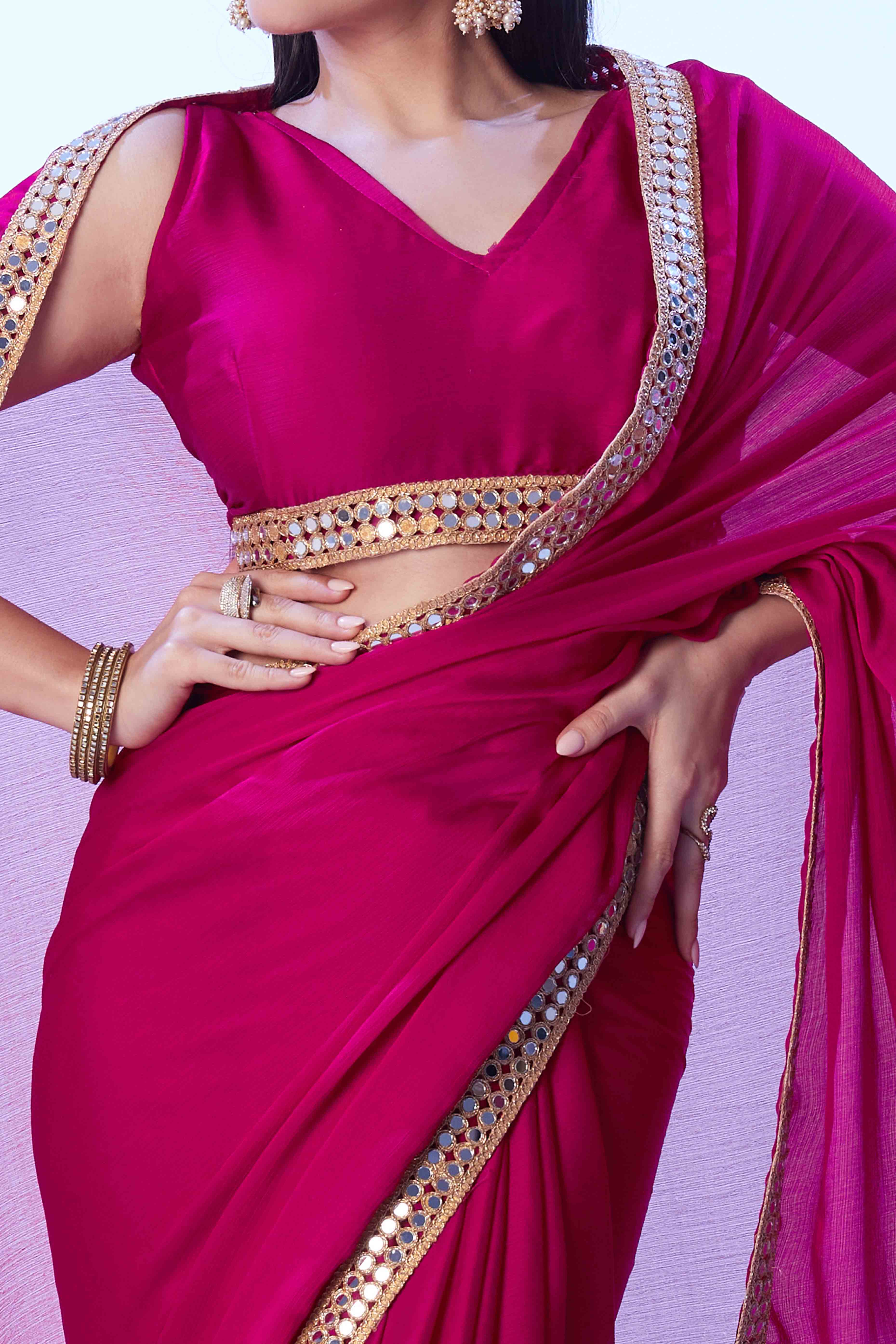Hot Pink Satin Solid Saree Adorned with Mirror Work - Image 2