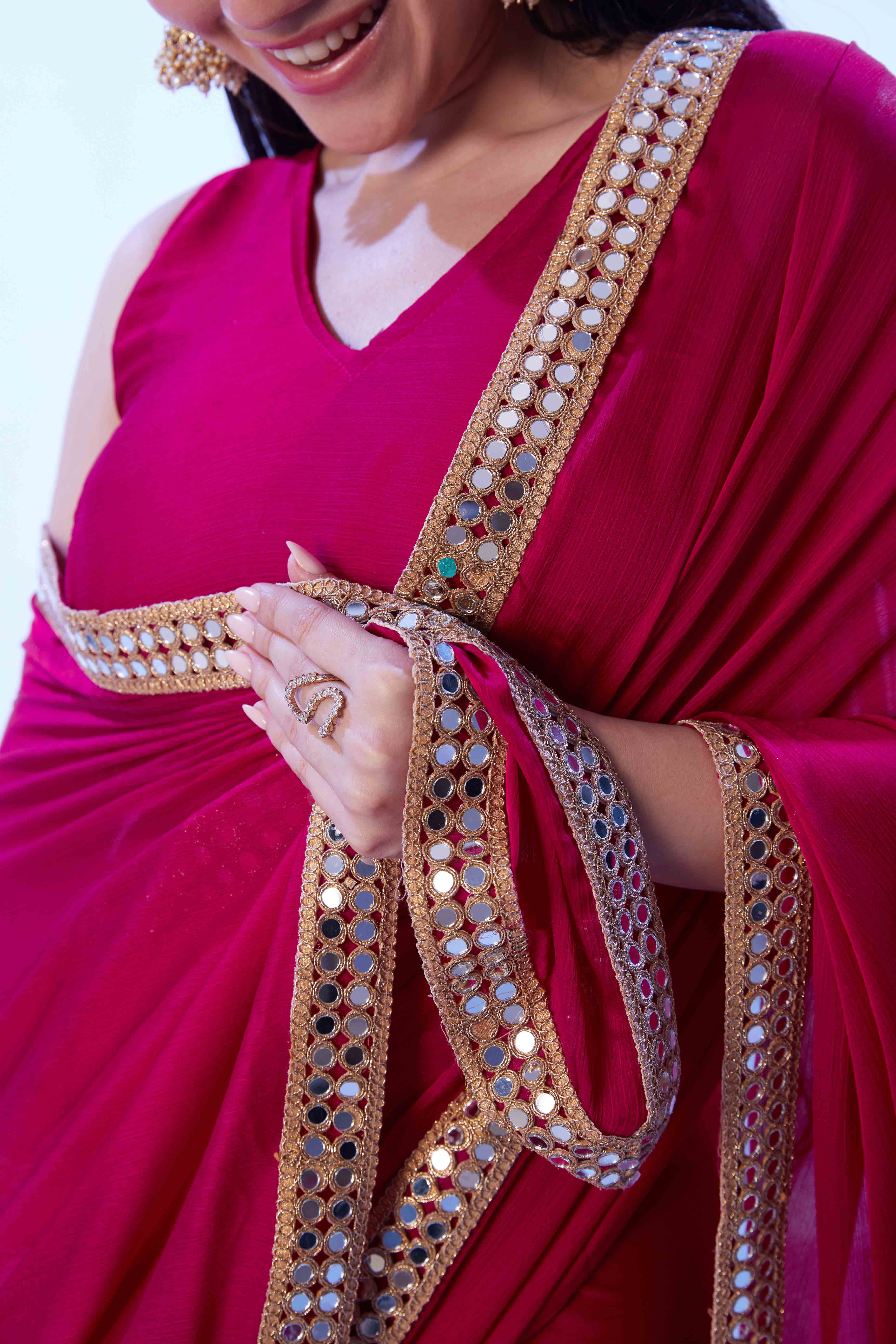 Hot Pink Satin Solid Saree Adorned with Mirror Work - Image 8