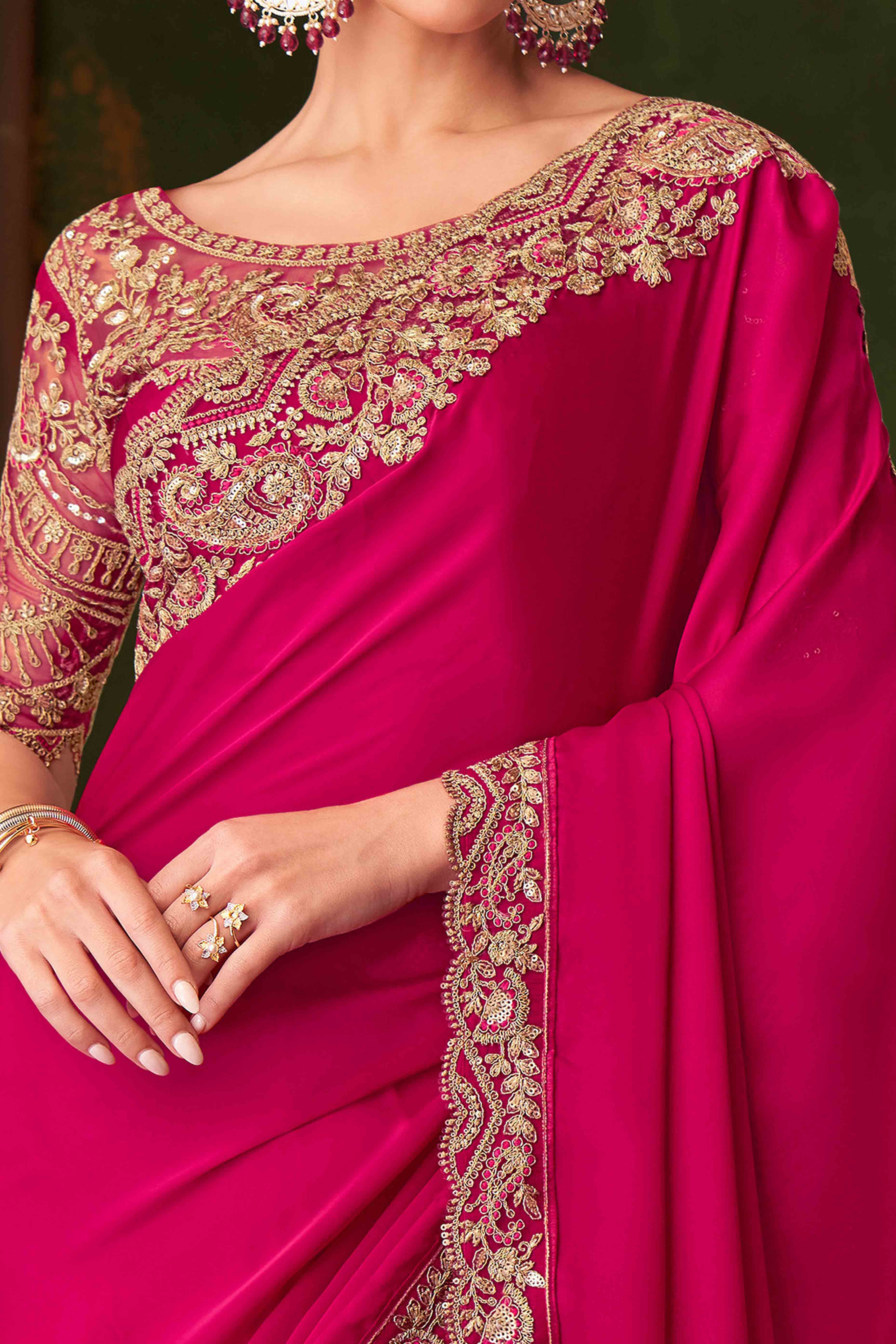 Hot Pink Sequins Embroidered Satin Saree - Image 2