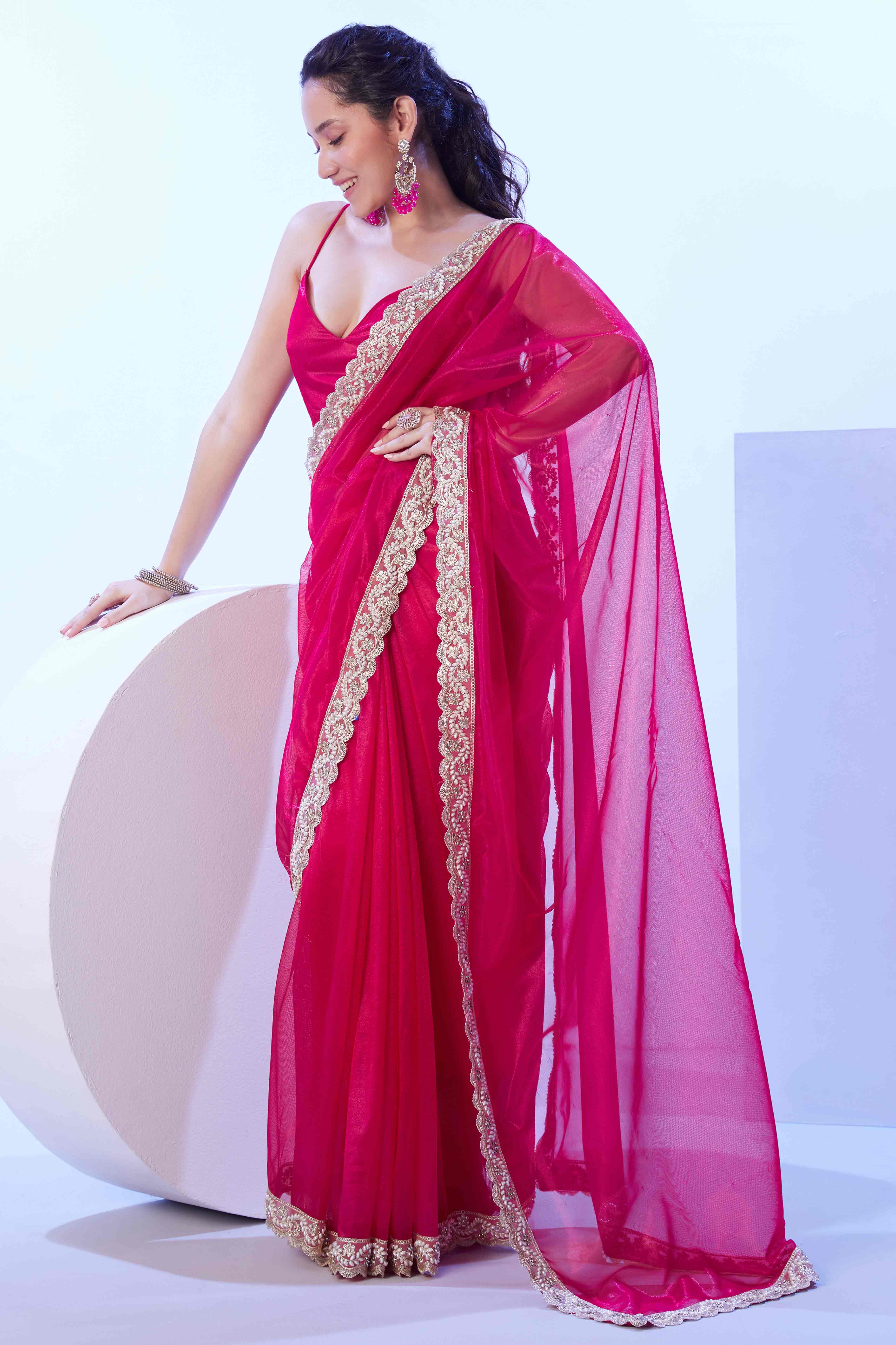 Hot Pink Stone Work Net Solid Embroidered Saree for Party Wear - Image 3