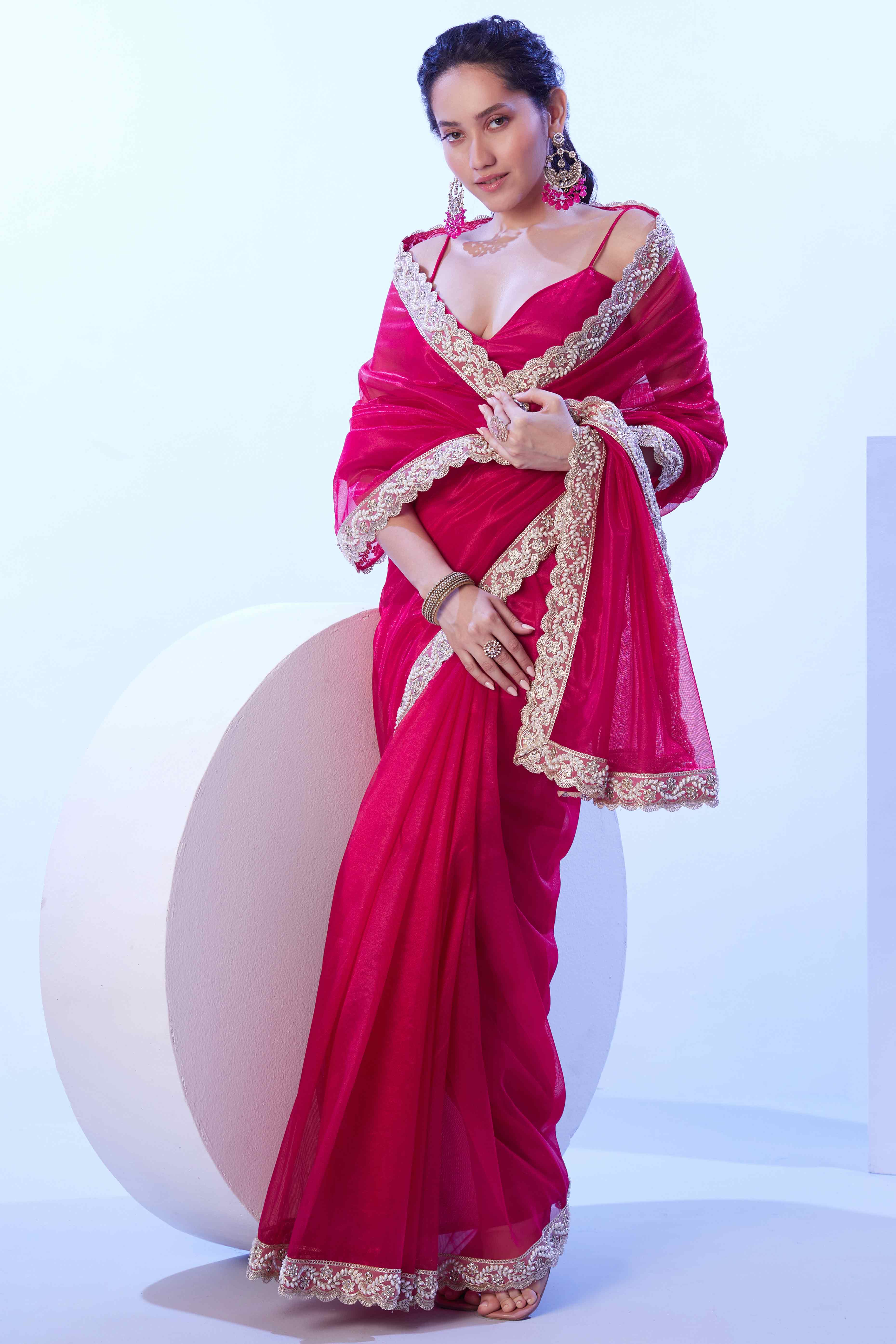 Hot Pink Stone Work Net Solid Embroidered Saree for Party Wear - Image 4