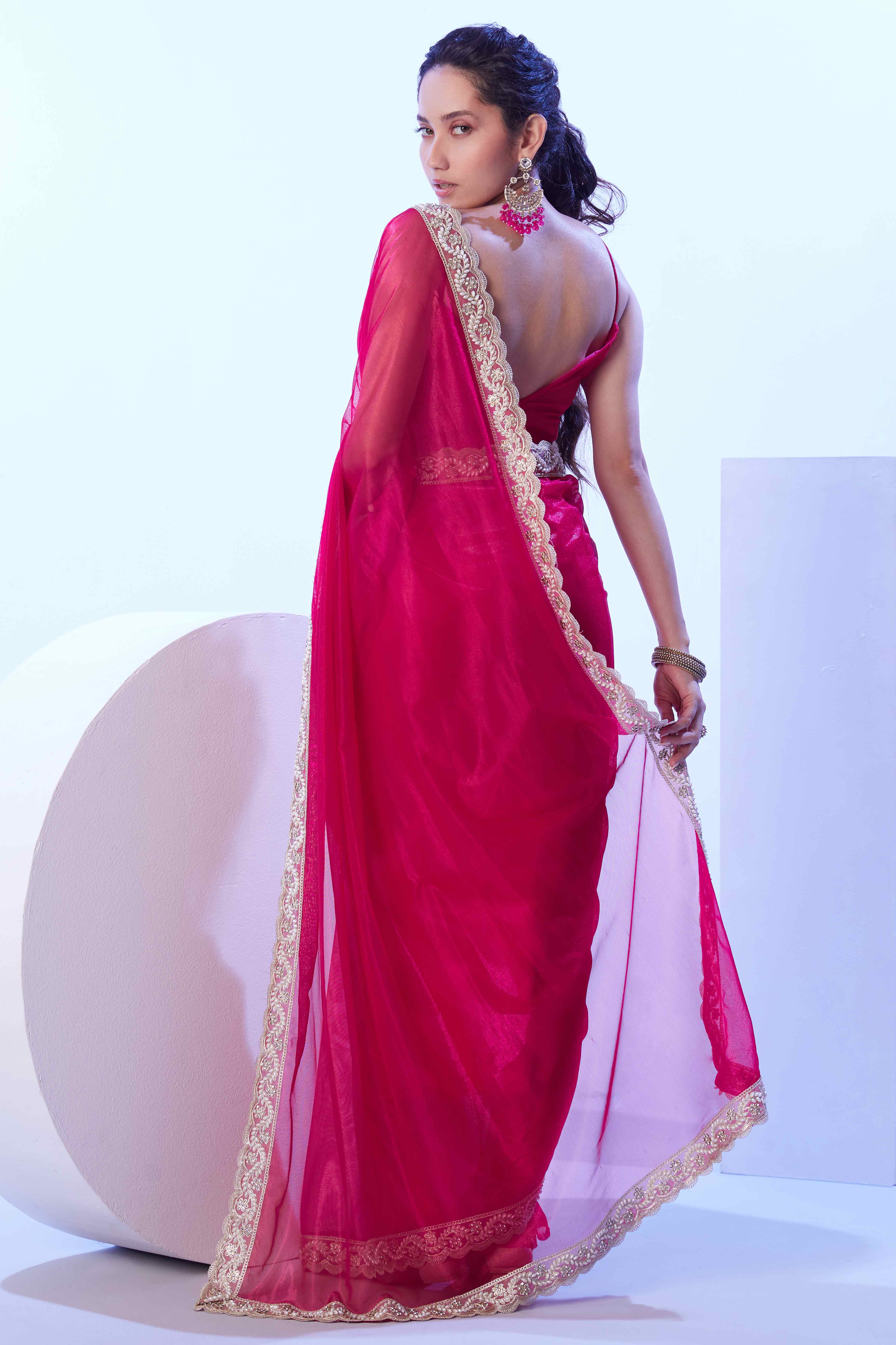 Hot Pink Stone Work Net Solid Embroidered Saree for Party Wear - Image 5