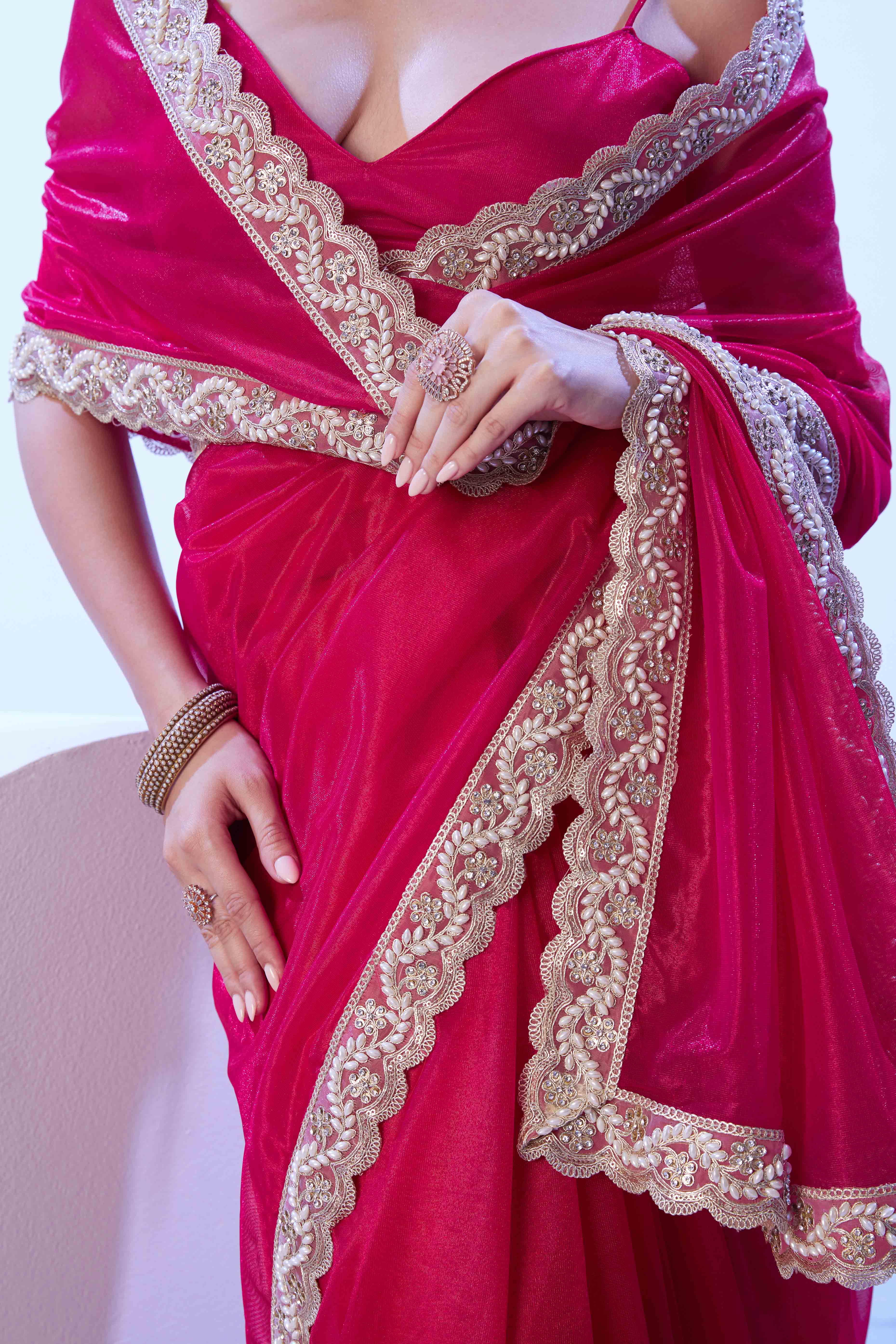 Hot Pink Stone Work Net Solid Embroidered Saree for Party Wear - Image 8