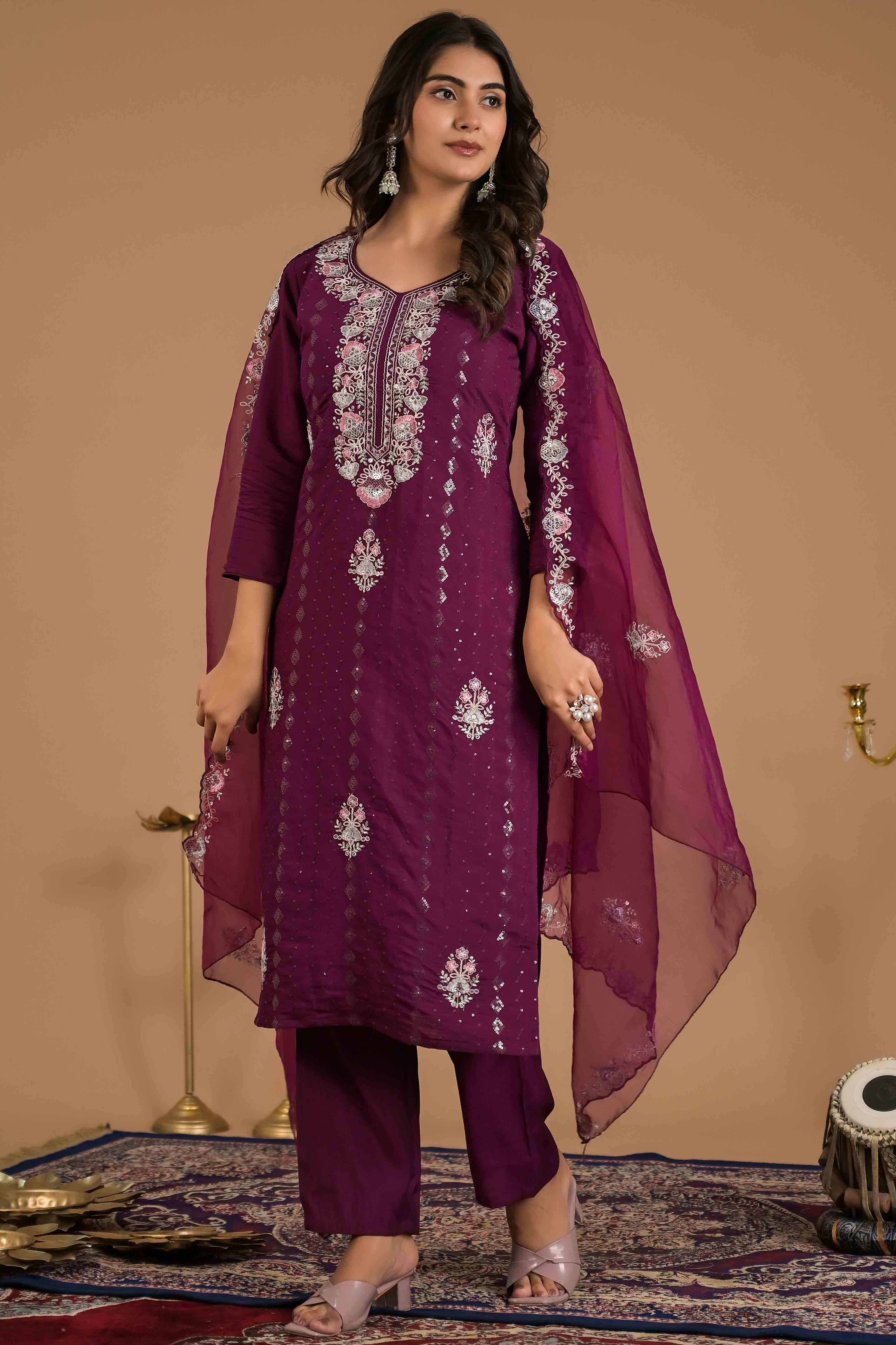 Imperial Purple Floral Embroidered Sequins Work Cotton Silk Straight Salwar Suit - Image 6