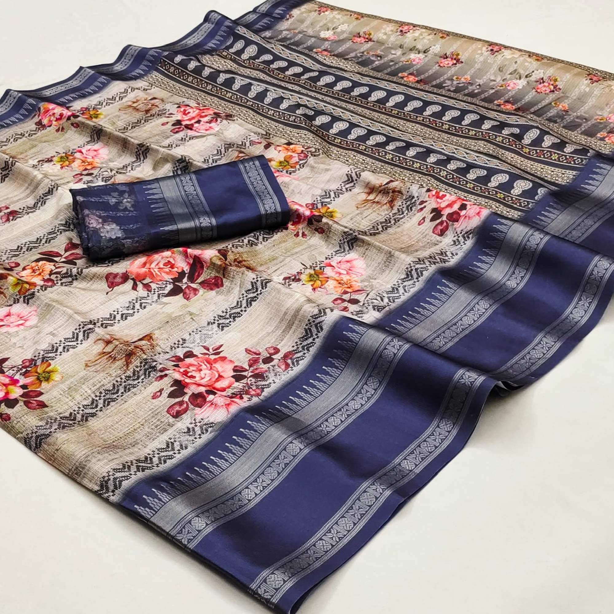Indigo Blue Floral Digital Printed Cotton Silk Saree - Image 3