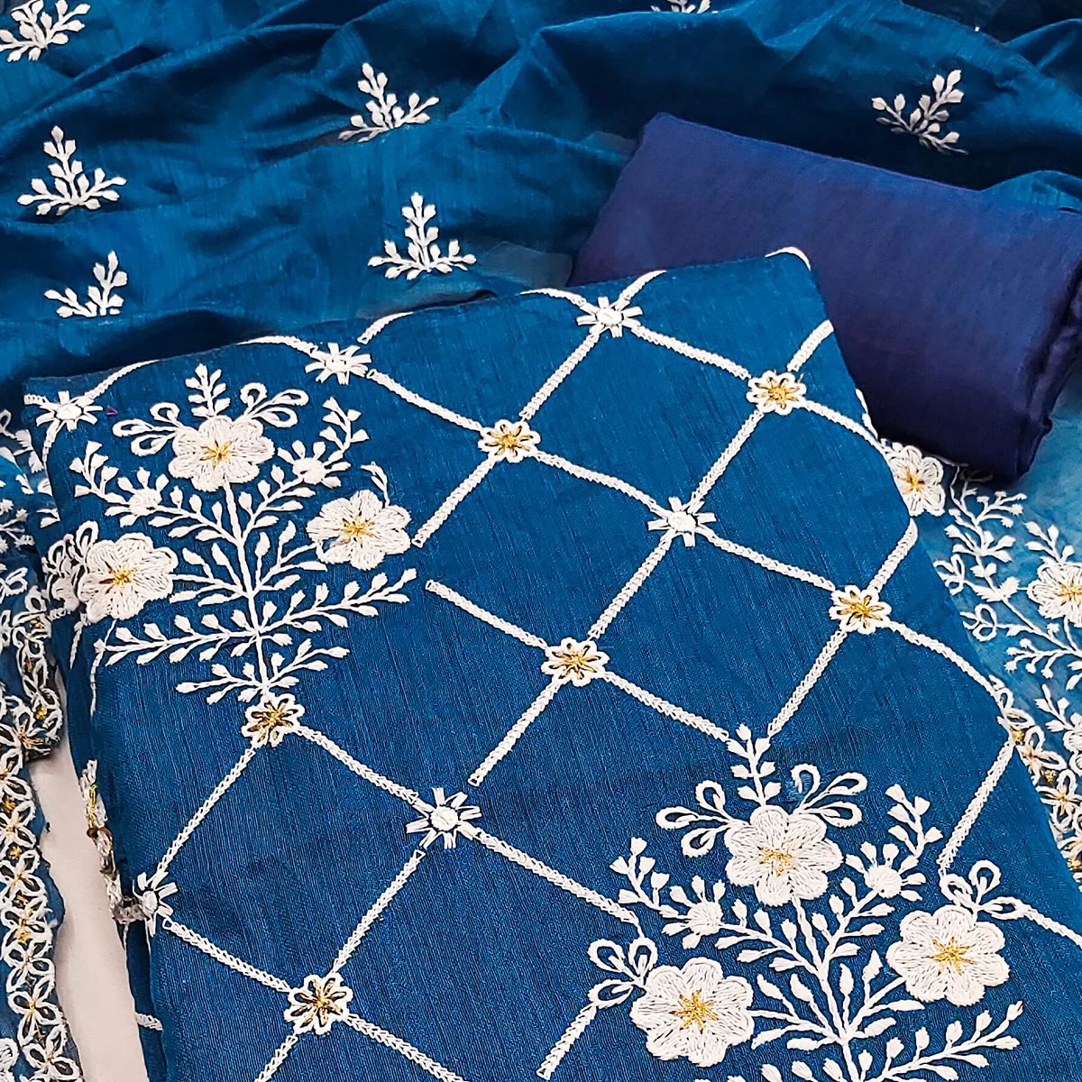Indigo Blue Floral Embroidered Chanderi Cotton Dress Material - Image 2