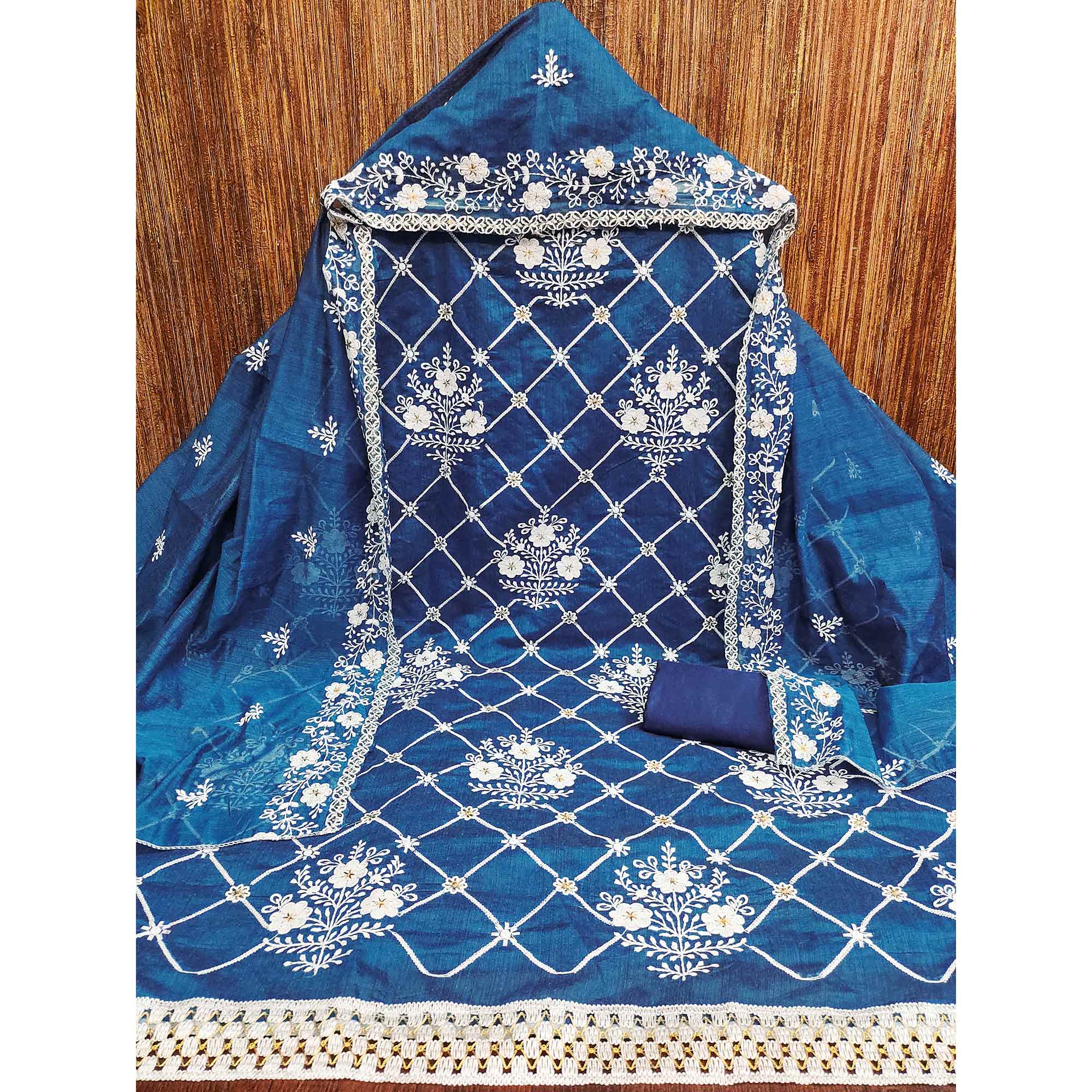 Indigo Blue Floral Embroidered Chanderi Cotton Dress Material - Image 3