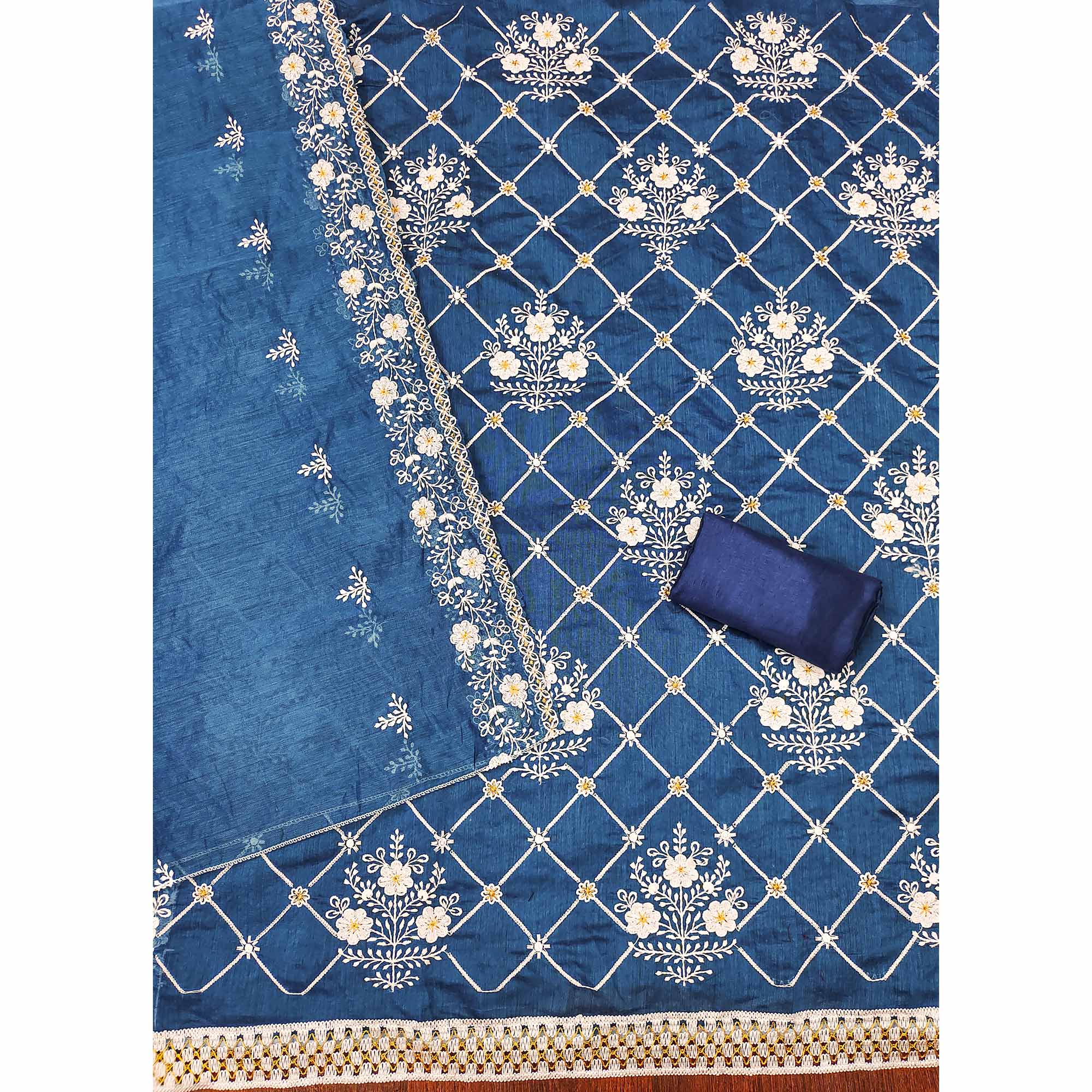 Indigo Blue Floral Embroidered Chanderi Cotton Dress Material - Image 4