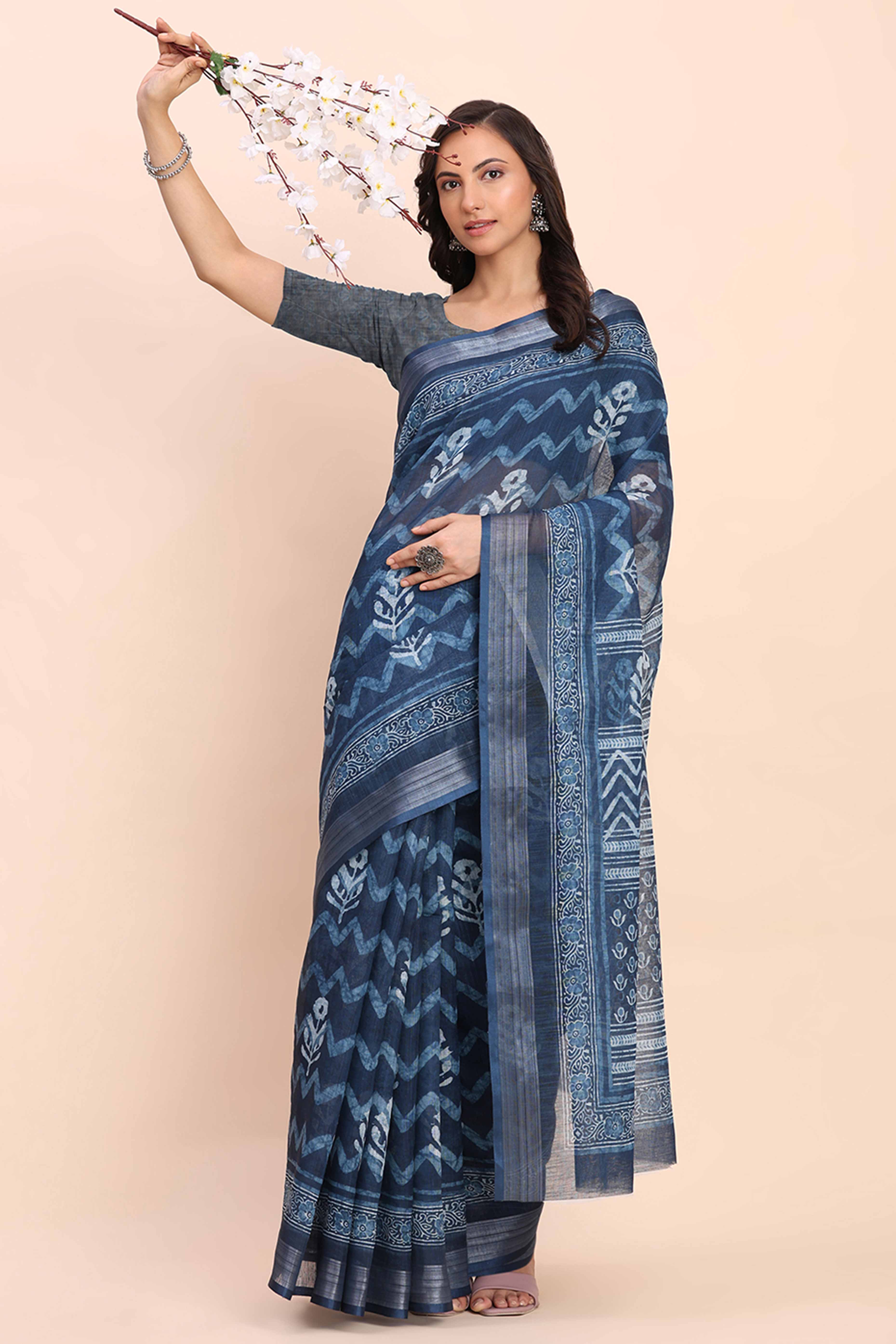 Indigo Blue Linen Cotton Saree Featuring Floral Prints & Woven Border - Image 4