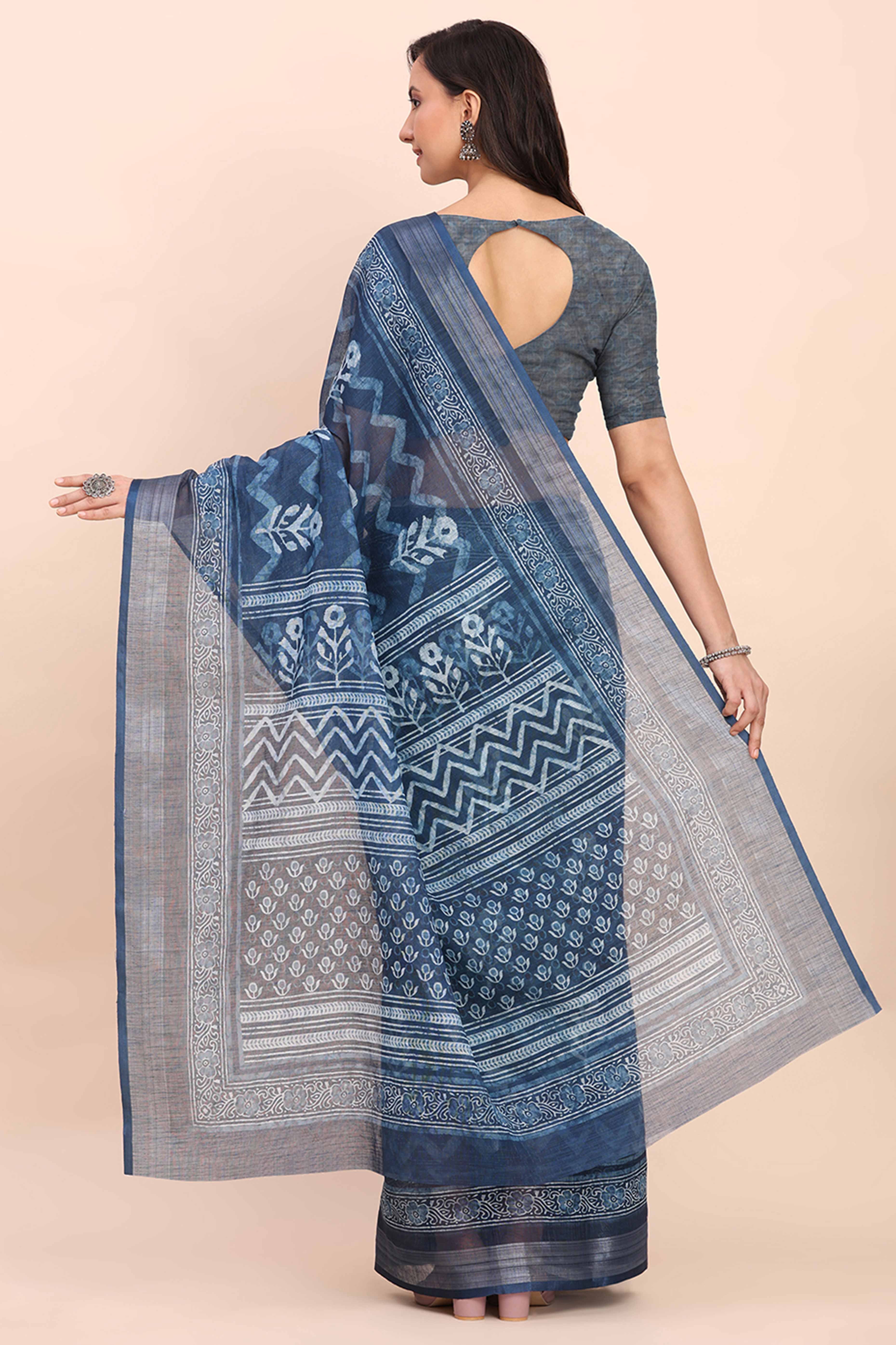 Indigo Blue Linen Cotton Saree Featuring Floral Prints & Woven Border - Image 6