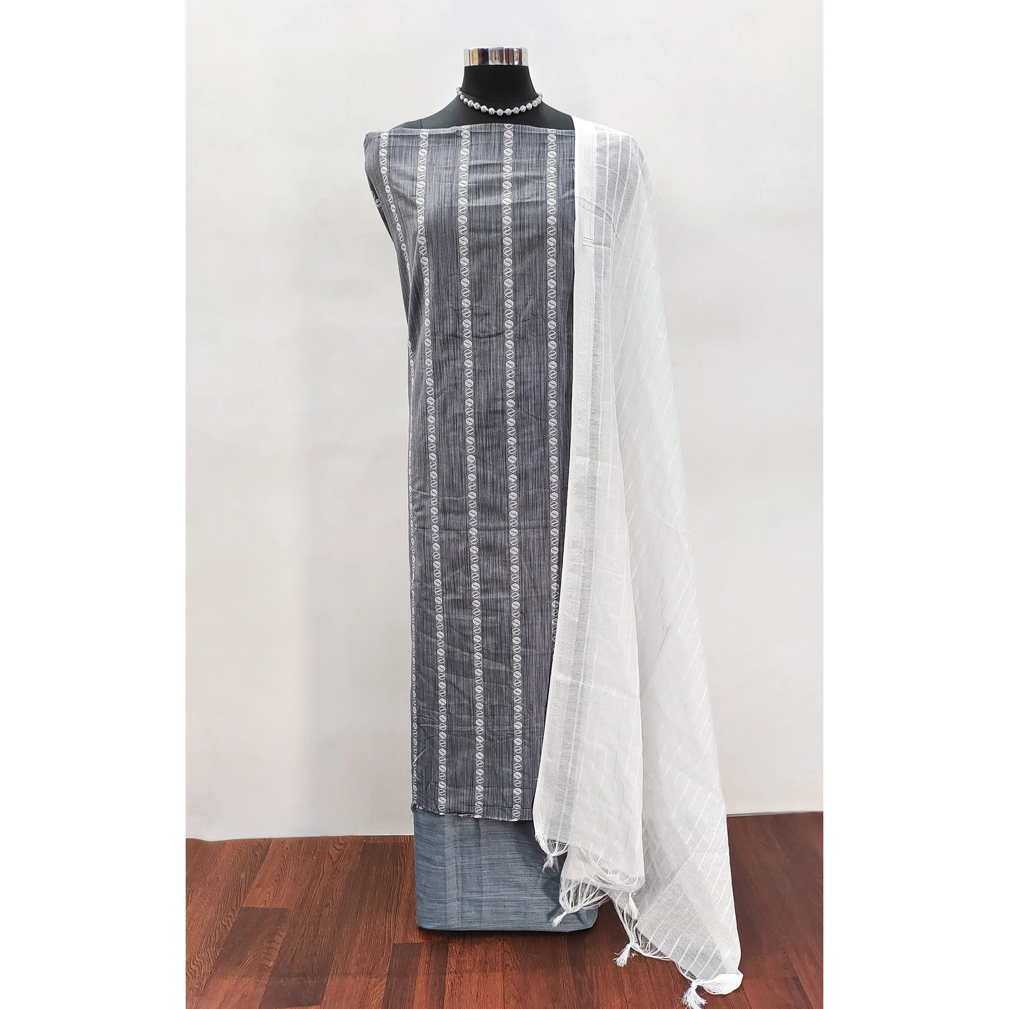 Intricate Weaving Work on Grey Pure Cotton Dress Material - Image 3