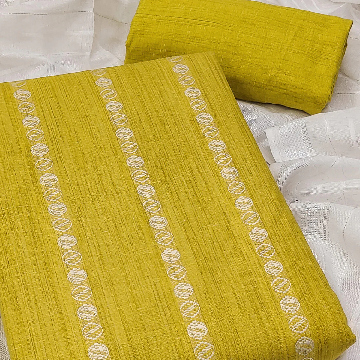 Intricate Weaving Work on Yellow Pure Cotton Dress Material - Image 2
