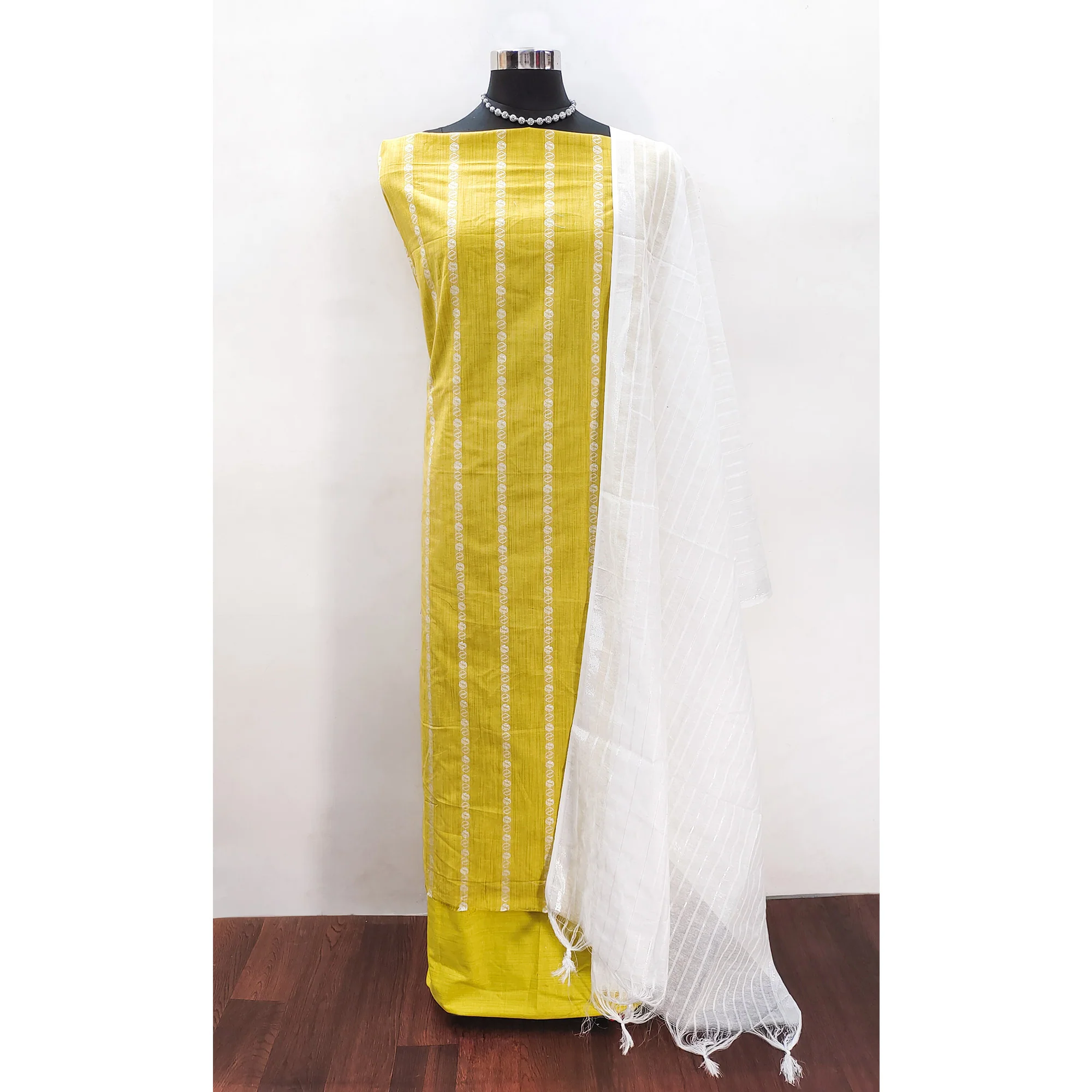 Intricate Weaving Work on Yellow Pure Cotton Dress Material - Image 3