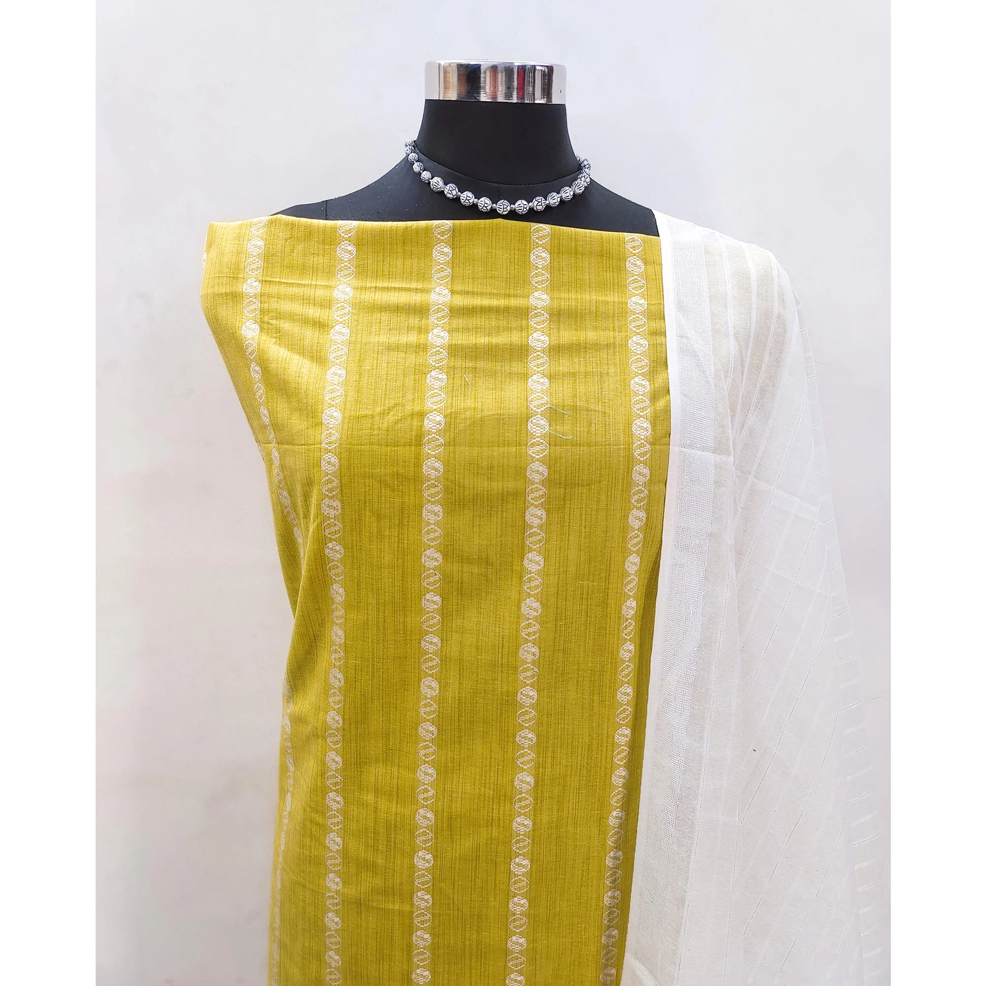 Intricate Weaving Work on Yellow Pure Cotton Dress Material - Image 4