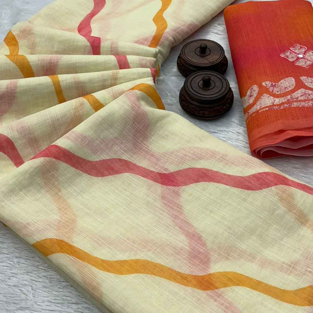 Ivory White Pure Linen Saree Adorned with Soft Floral Patterns - Image 2