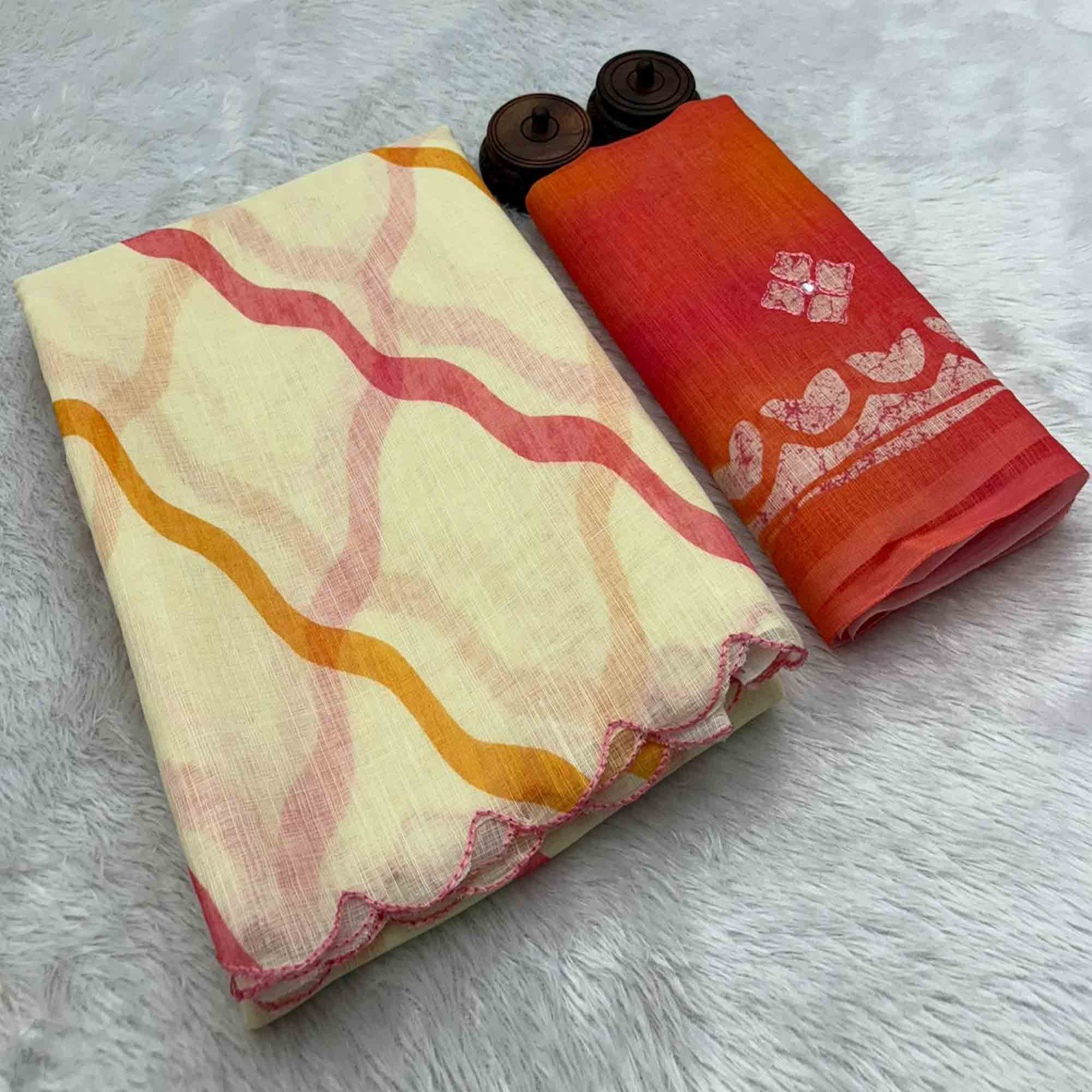 Ivory White Pure Linen Saree Adorned with Soft Floral Patterns - Image 3