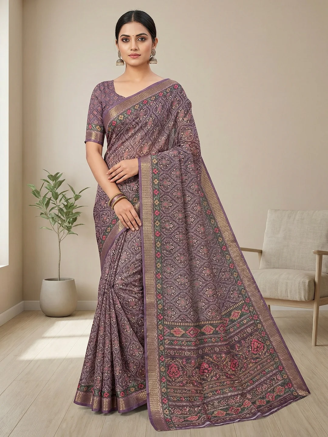 Lavender Abstract Digital Printed Cotton Blend Saree with Detailed Digital Pattern Finish