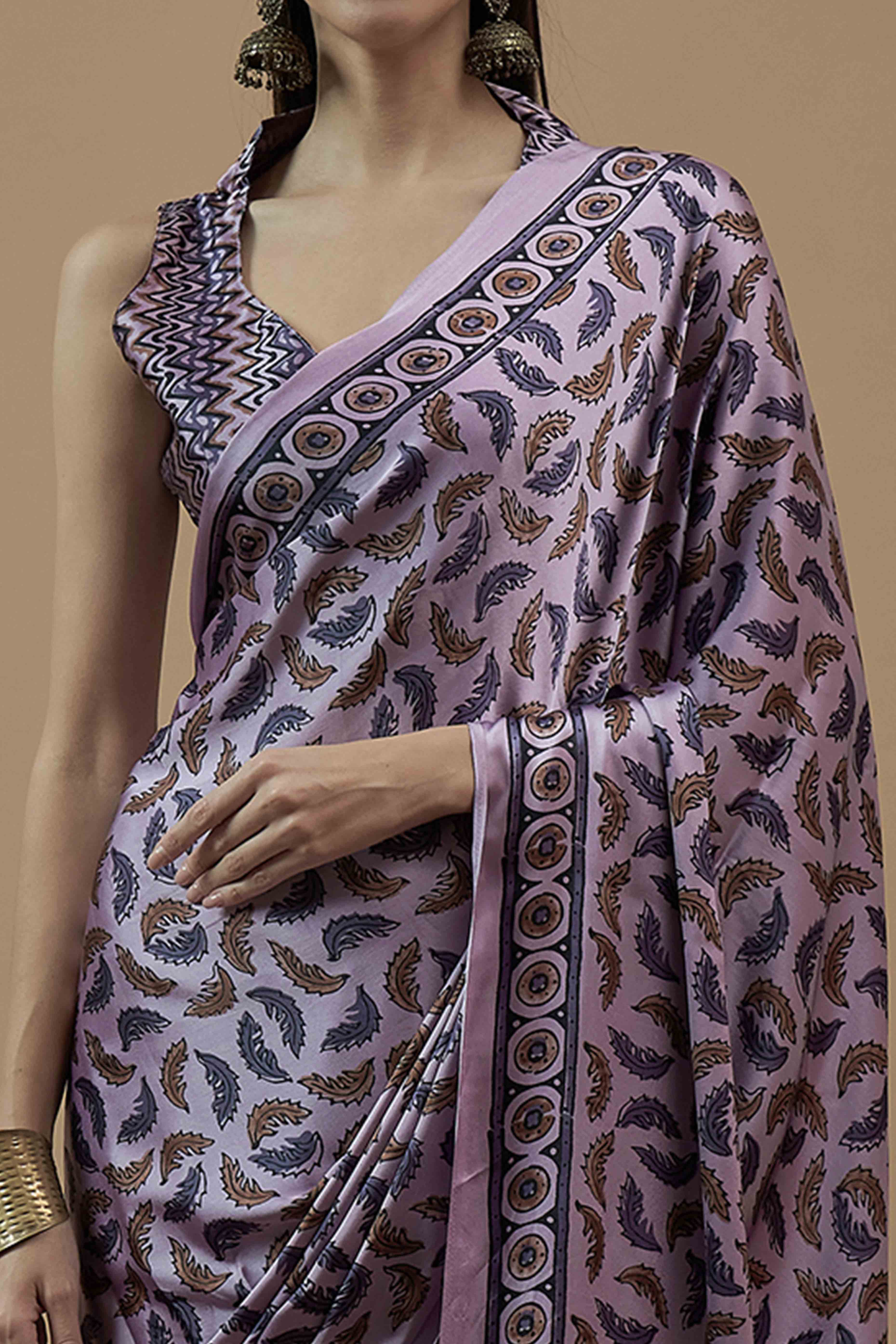 Lavender Ajrakh Printed Satin Saree With Tassels - Image 2