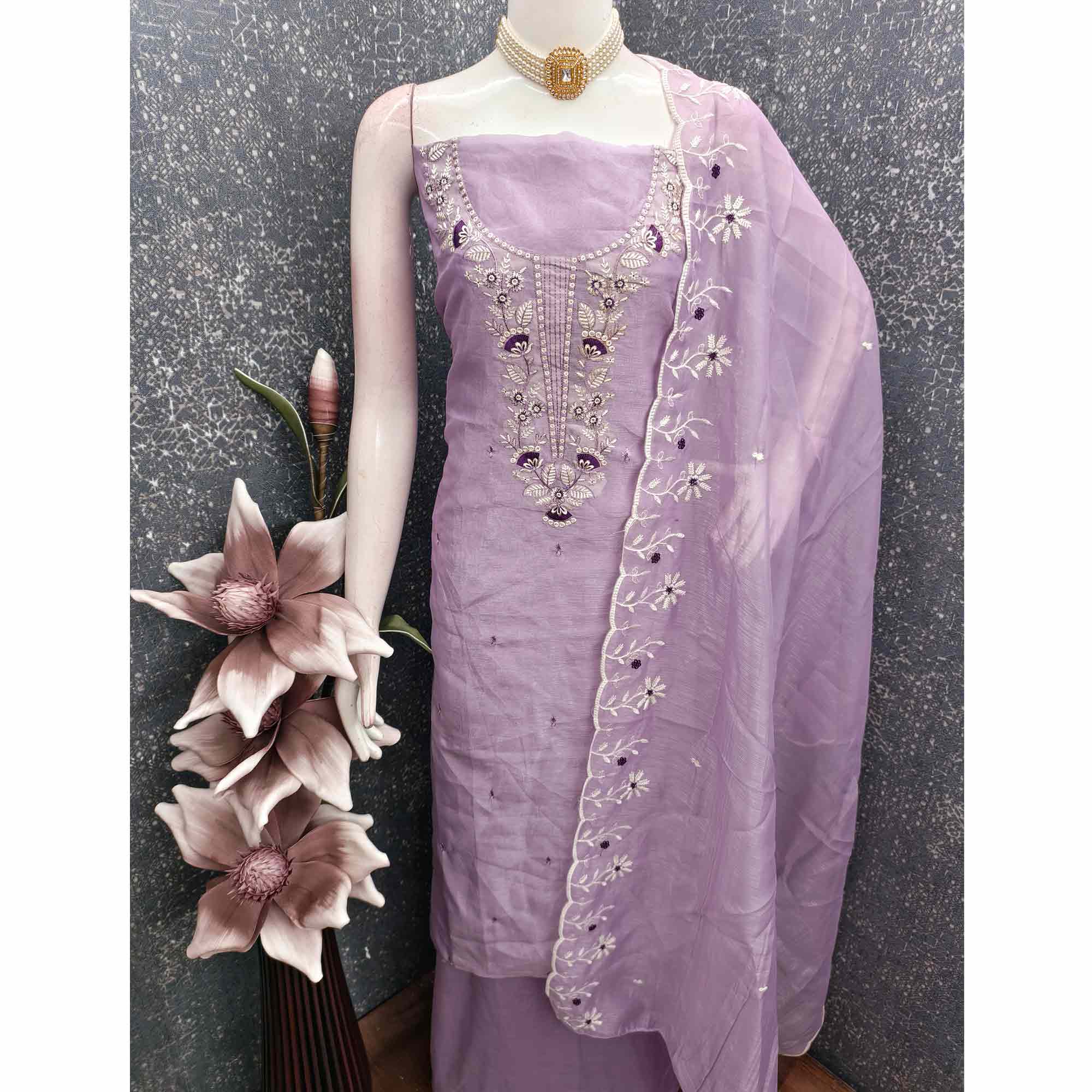 Lavender Art Silk Dress Material With Graceful Floral Thread Embroidery & Sparkling Sequins - Image 3