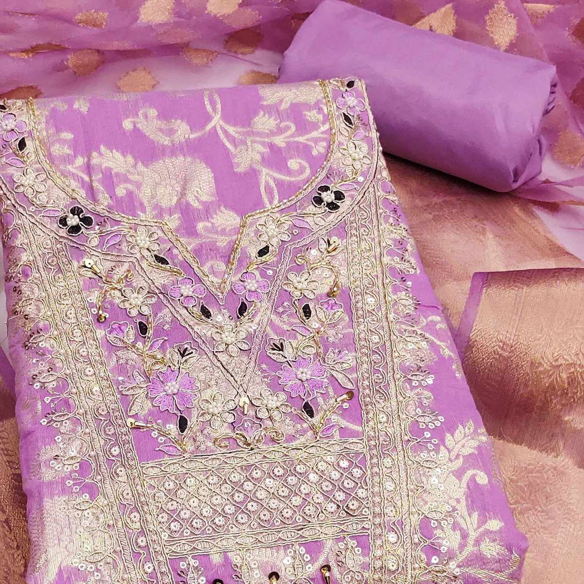 Lavender Banarasi Silk Dress Material Featuring Floral Weaving With Cording & Sequins Embroidery - Image 2