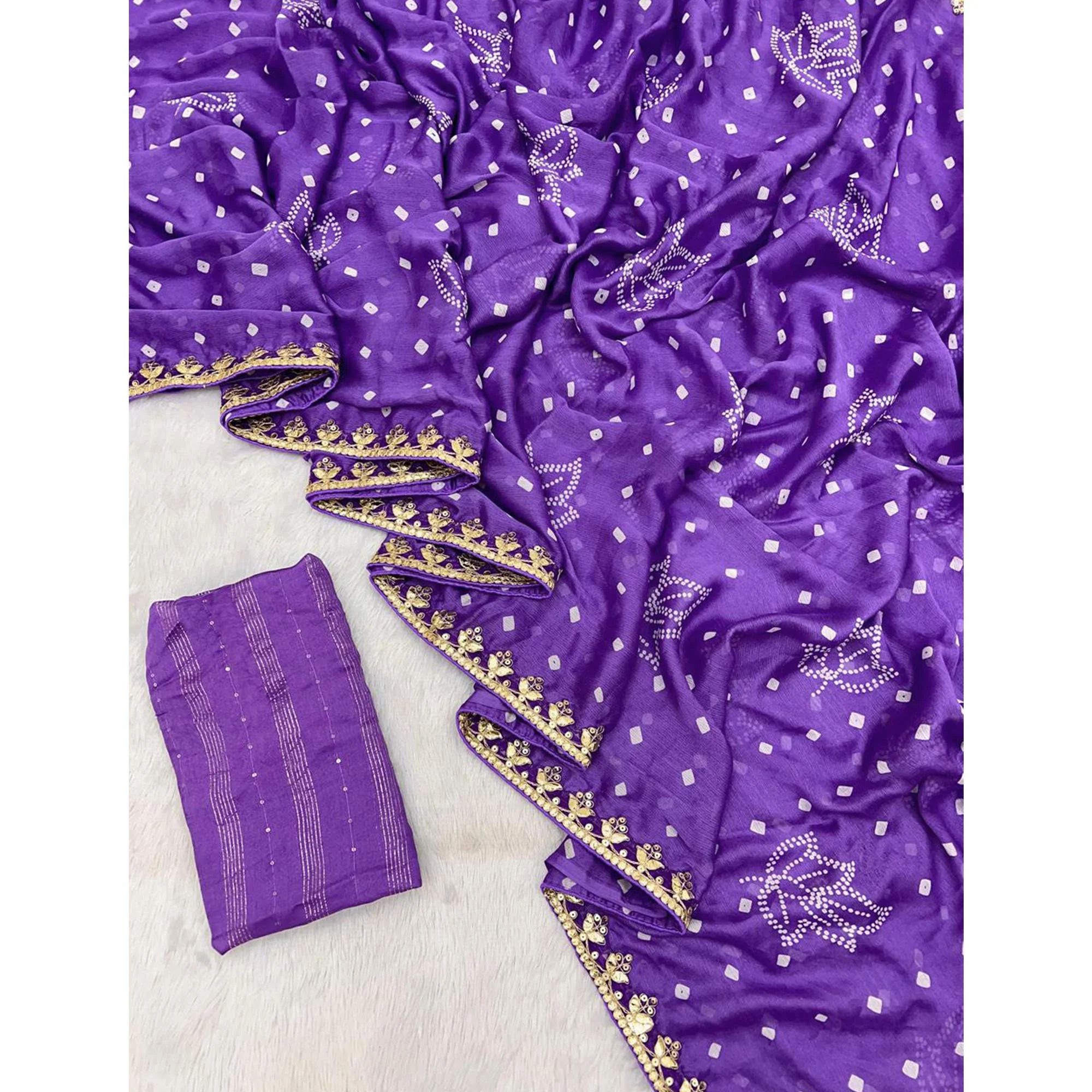 Lavender Bandhani Printed Chiffon Saree With Sequins Embroidered Border - Image 3