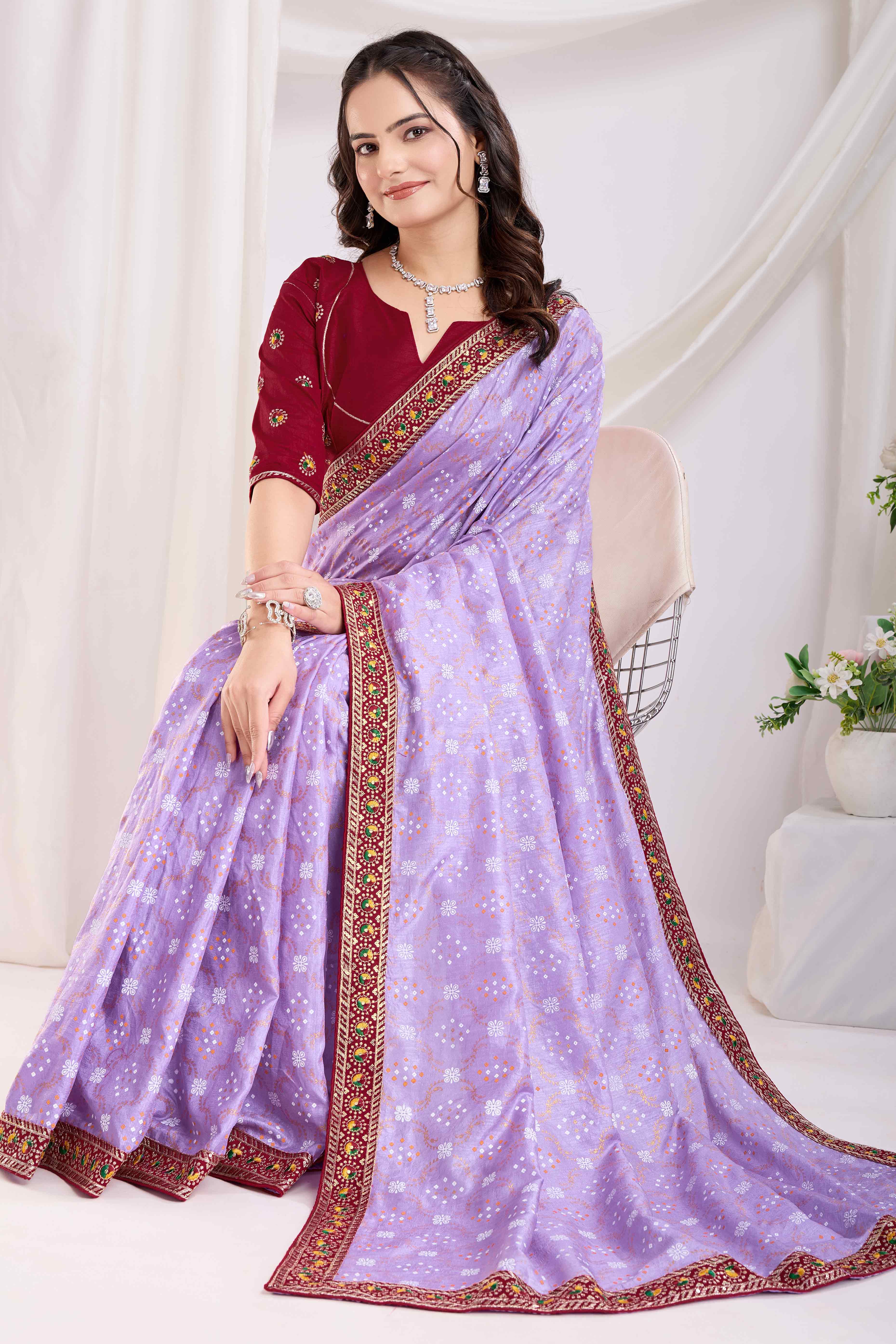Lavender Bandhani Printed Vichitra Silk Saree With Embroidery Border - Image 5