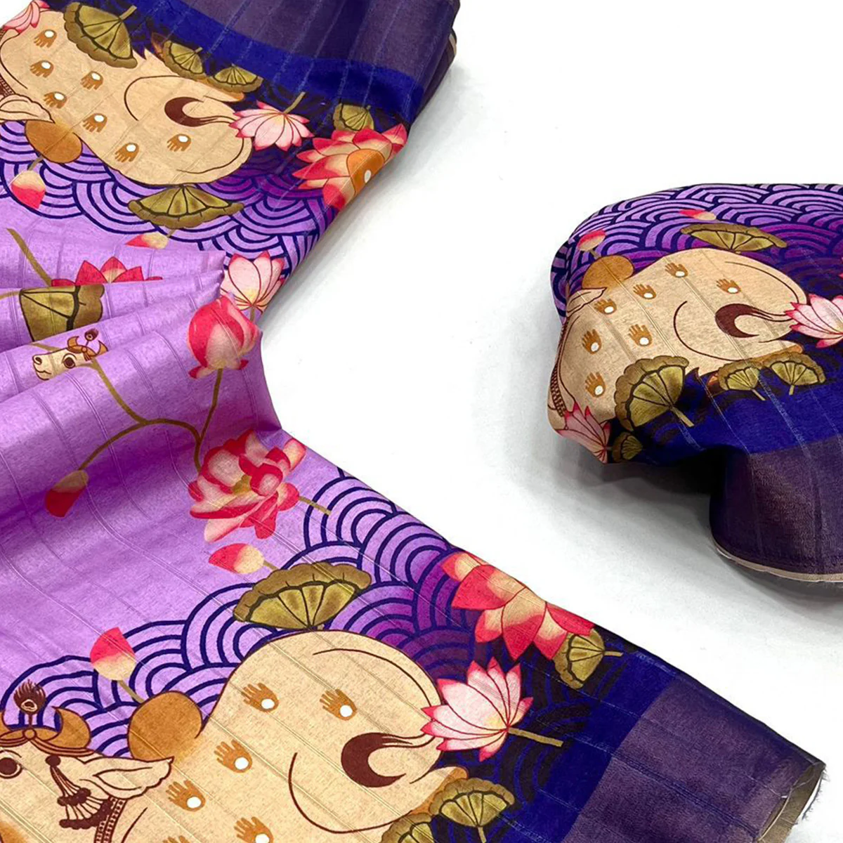 Lavender & Blue Floral Digital Printed Tussar Silk Saree - Image 2