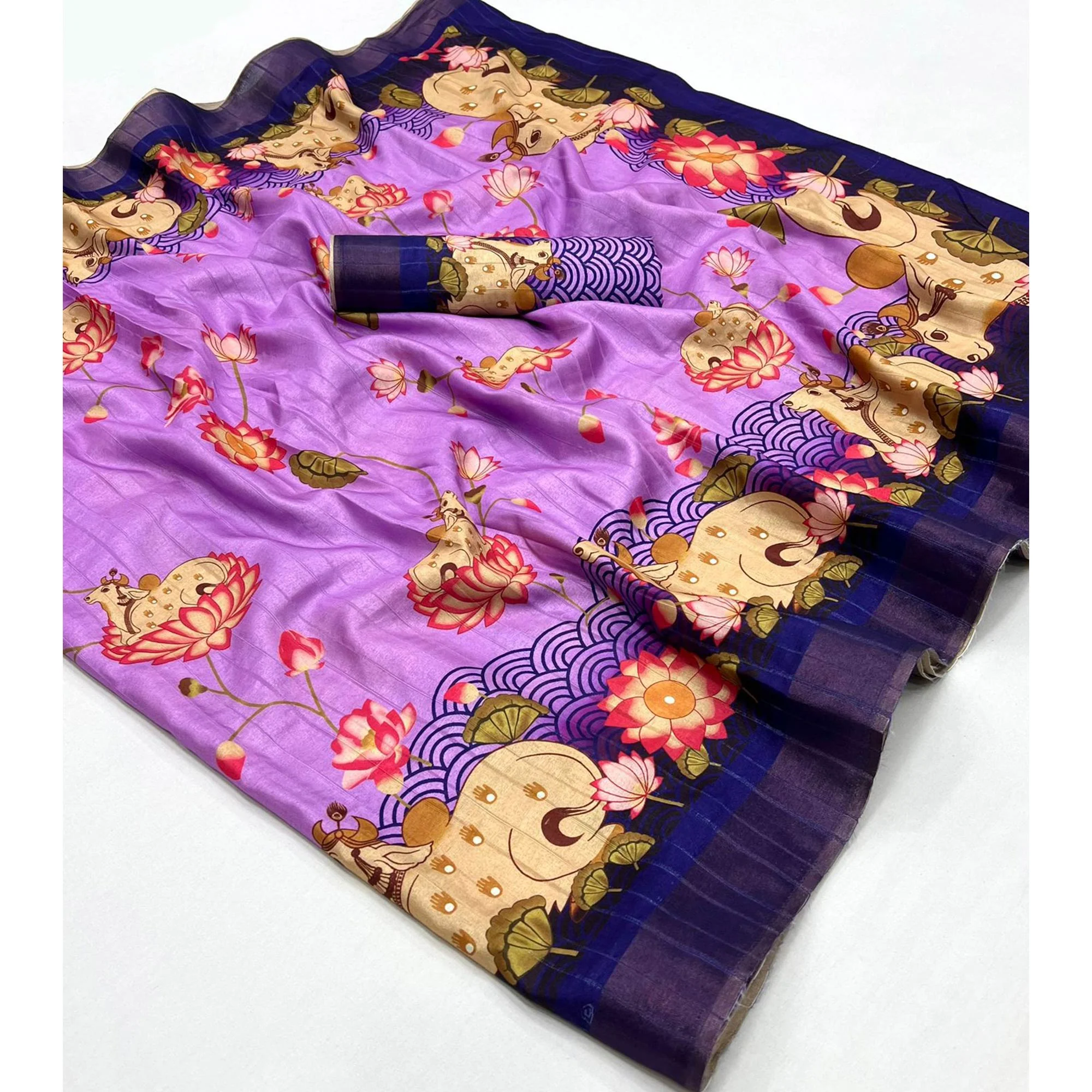 Lavender & Blue Floral Digital Printed Tussar Silk Saree - Image 3