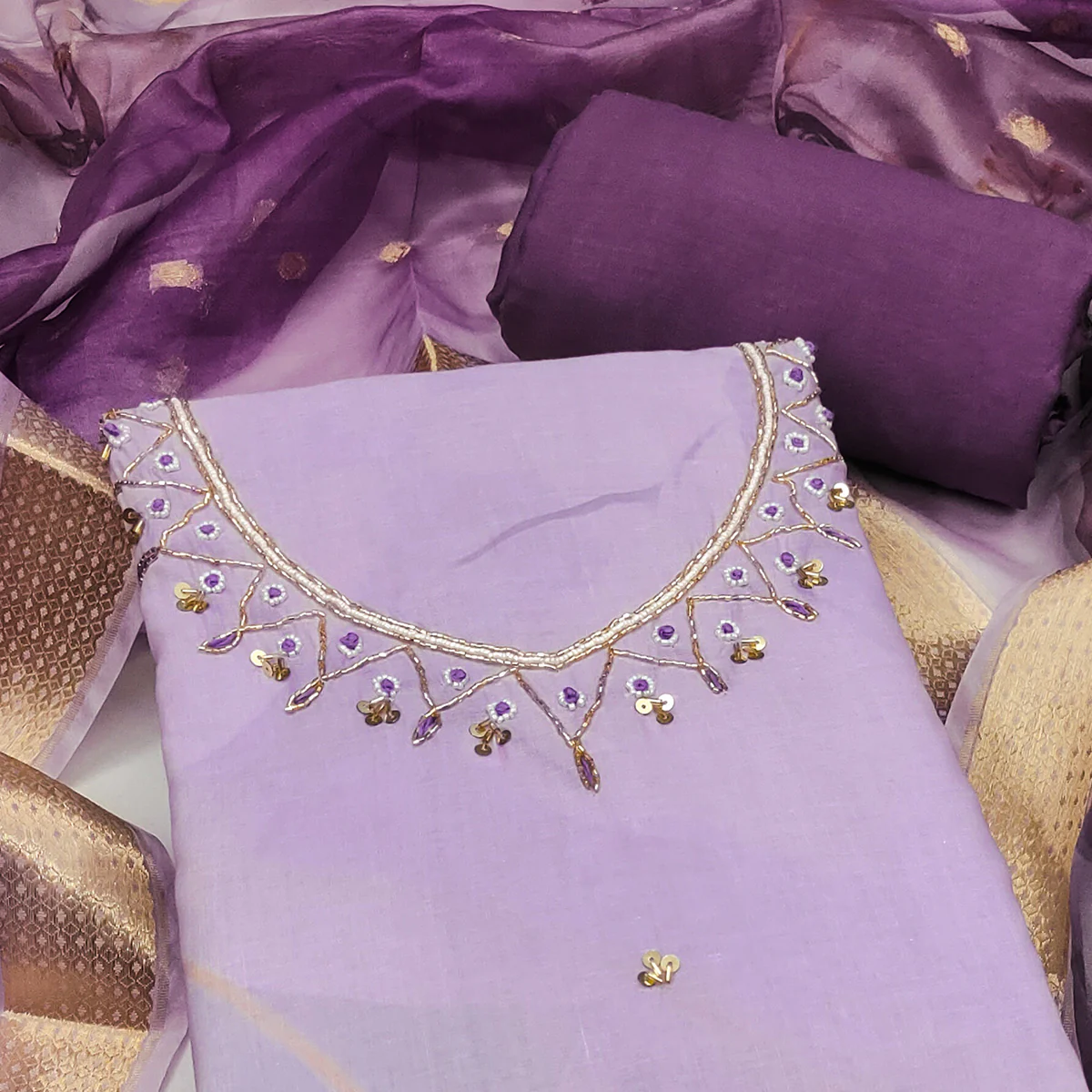 Lavender Cambric Cotton Dress Material Adorned With Floral Prints & Hand Moti Embellishment - Image 2