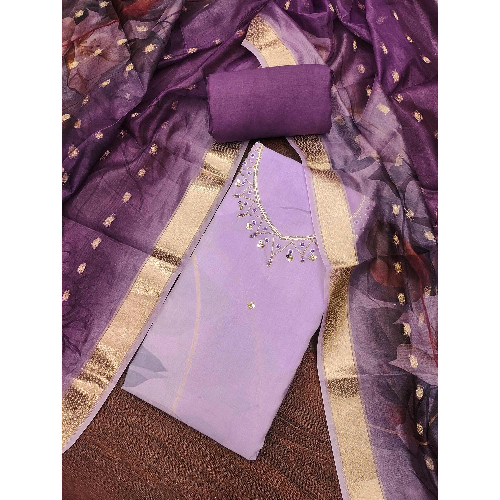 Lavender Cambric Cotton Dress Material Adorned With Floral Prints & Hand Moti Embellishment - Image 3