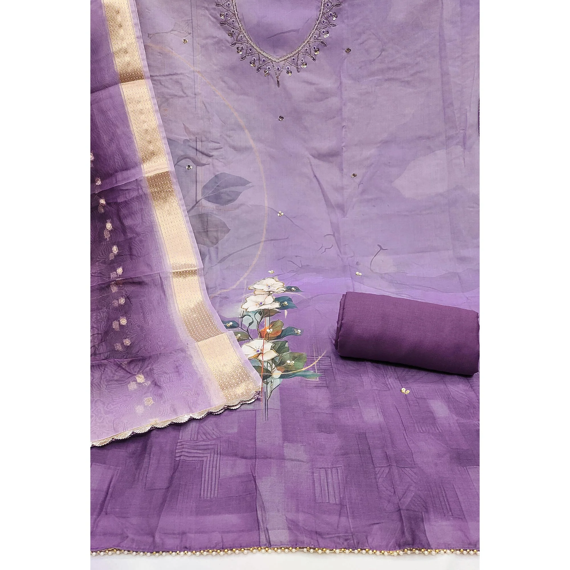 Lavender Cambric Cotton Dress Material Adorned With Floral Prints & Hand Moti Embellishment - Image 4