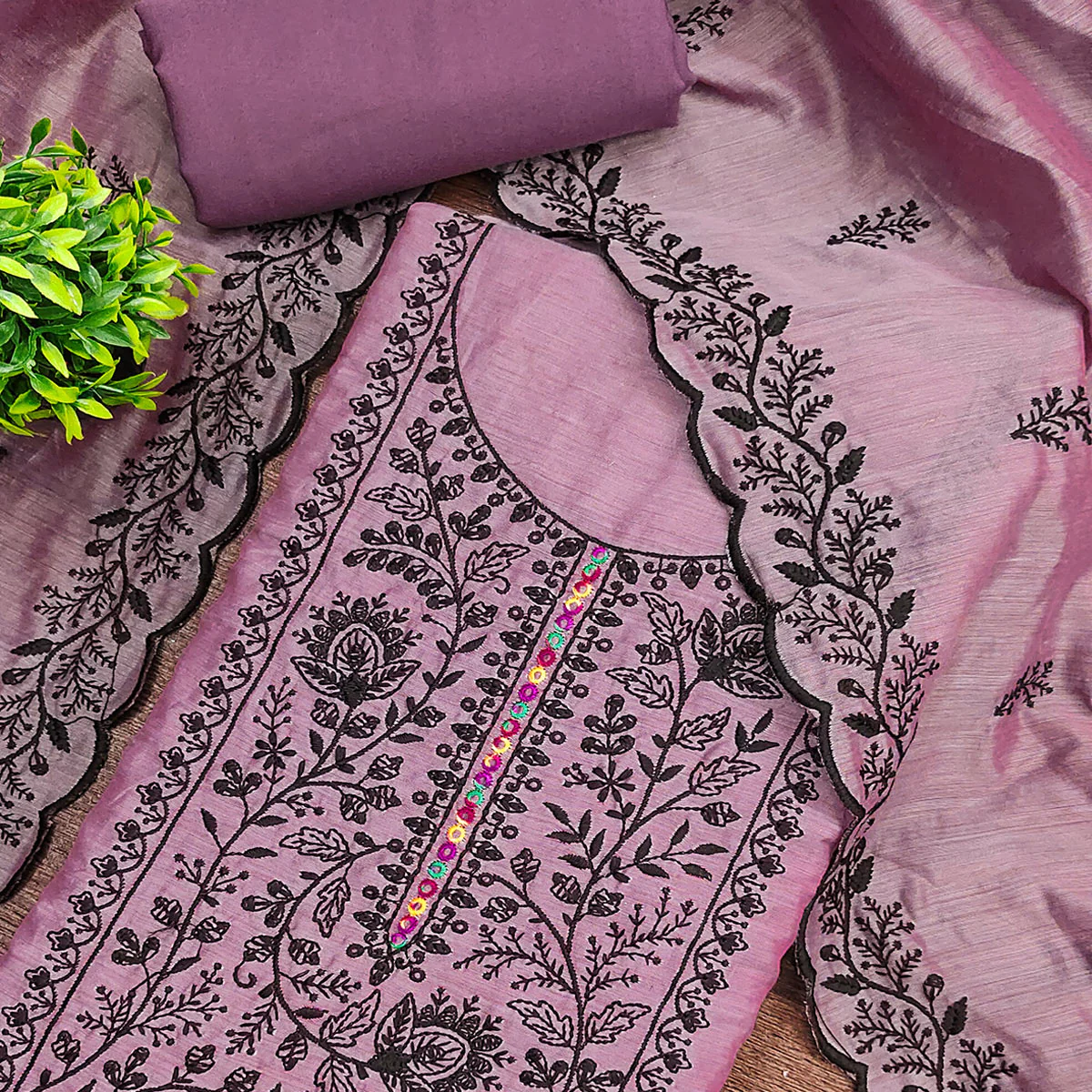 Lavender Chanderi Cotton Dress Material Accented With Delicate Floral Thread Work - Image 2