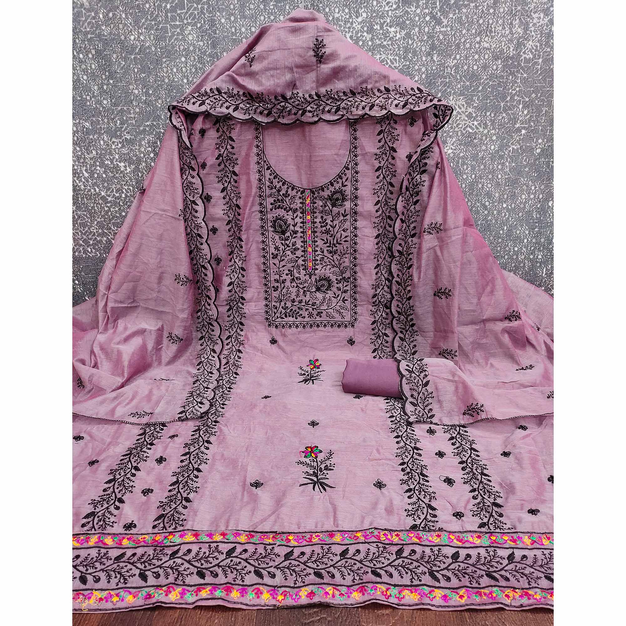 Lavender Chanderi Cotton Dress Material Accented With Delicate Floral Thread Work - Image 3