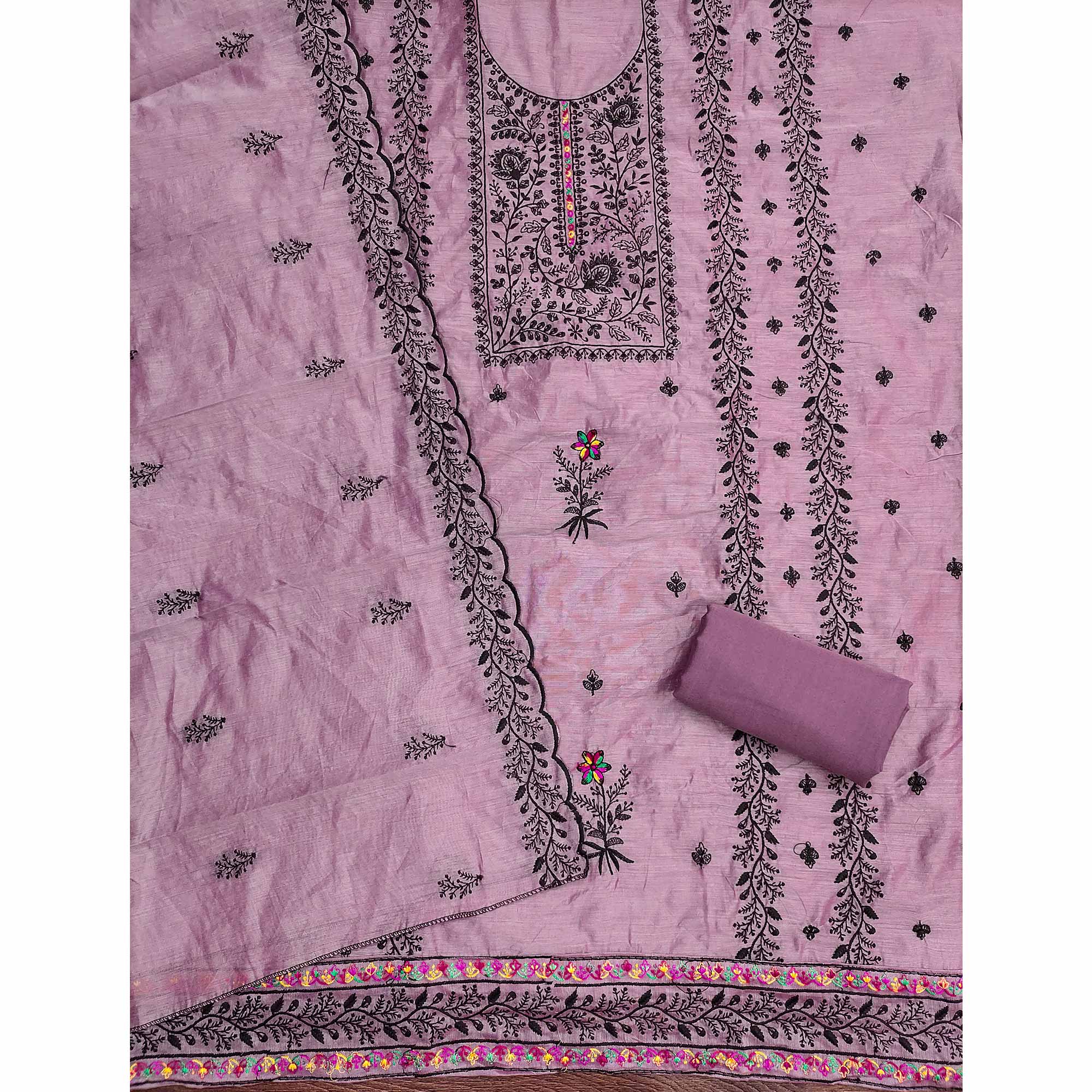 Lavender Chanderi Cotton Dress Material Accented With Delicate Floral Thread Work - Image 4