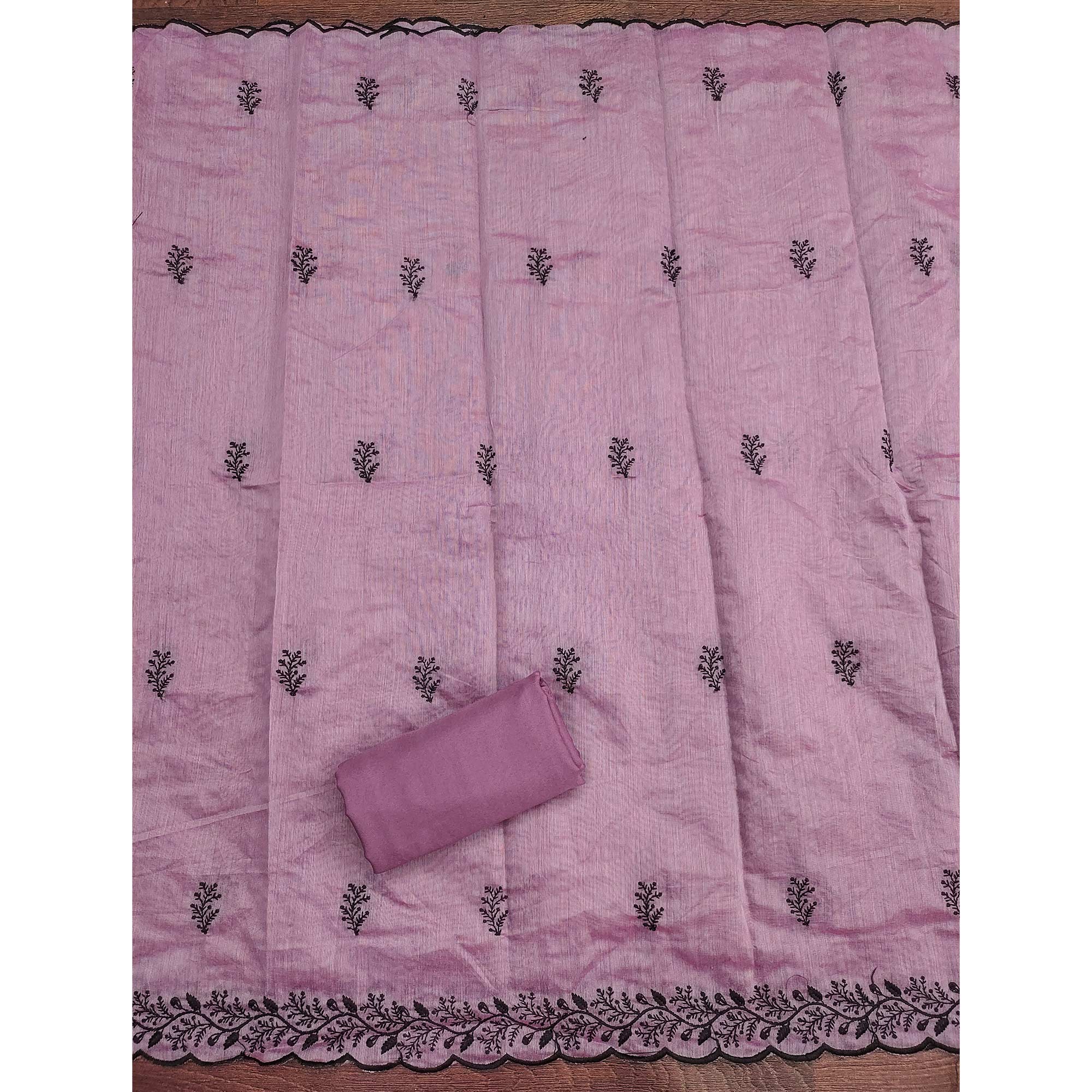 Lavender Chanderi Cotton Dress Material Accented With Delicate Floral Thread Work - Image 5