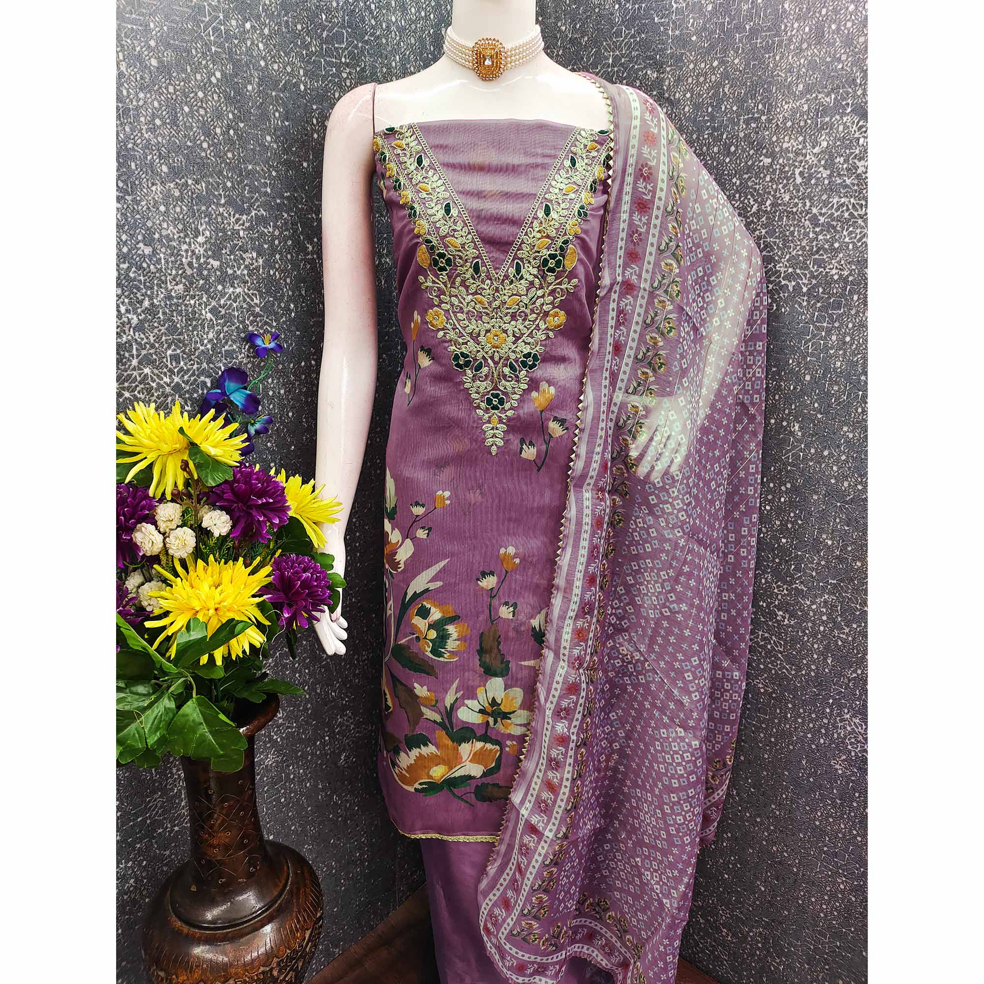 Lavender Chanderi Silk Dress Material With Digital Floral Print & Cording Embroidery Work - Image 5