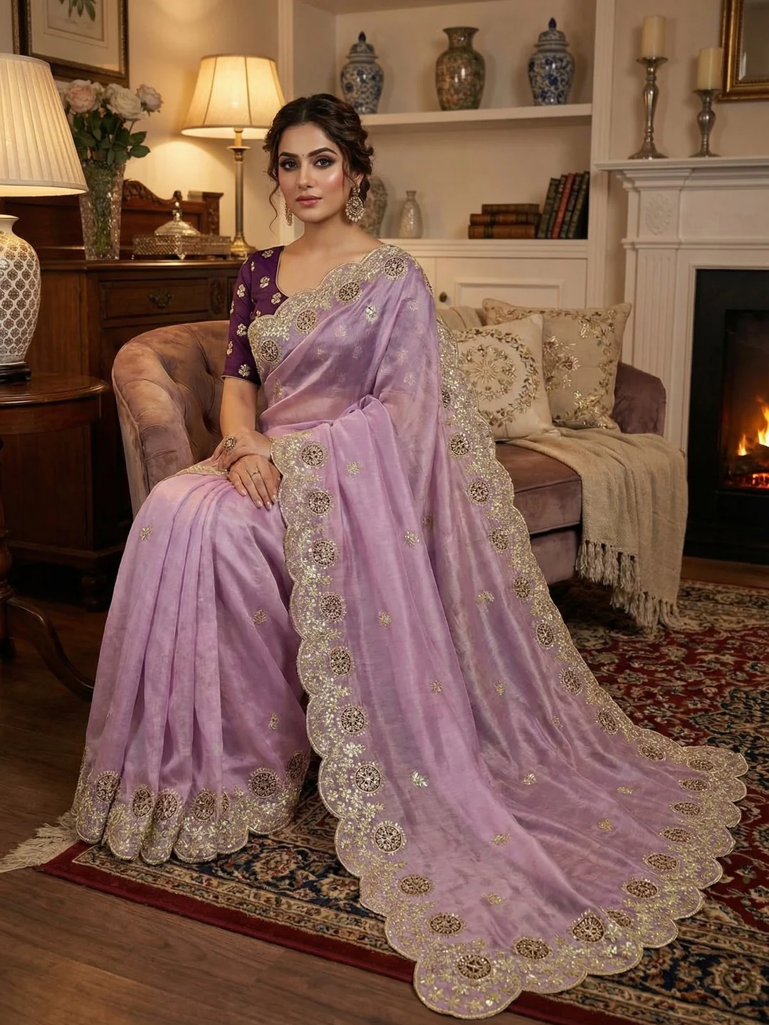 Lavender Charm Crunchy Saree with Premium Embroidered Border