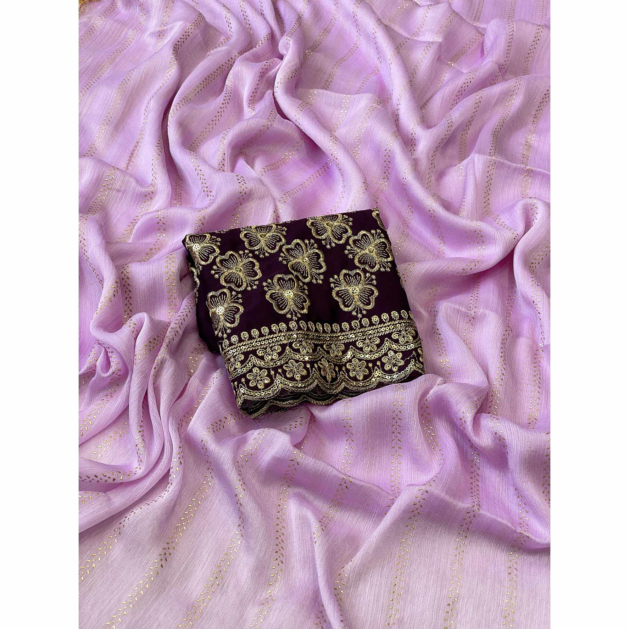 Lavender Chiffon Saree with Sleek Foil Printing and Flowing Lightweight Drape - Image 3