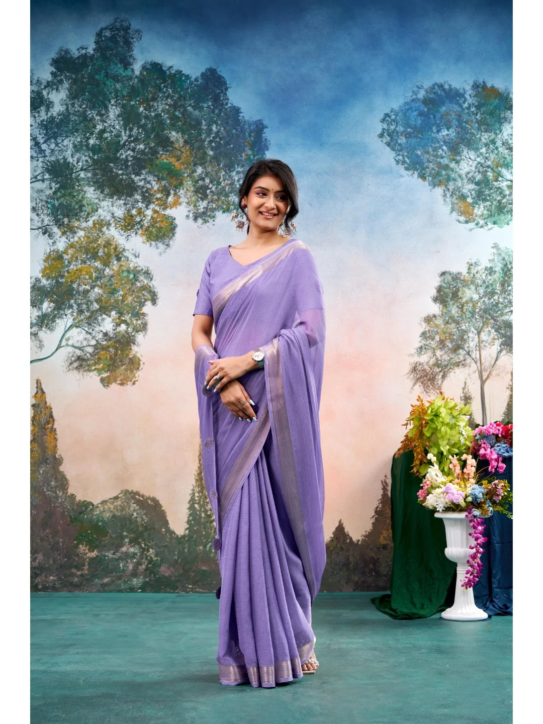 Lavender Chinon Saree Featuring Classic Golden Zari Border with Smooth Solid Finish