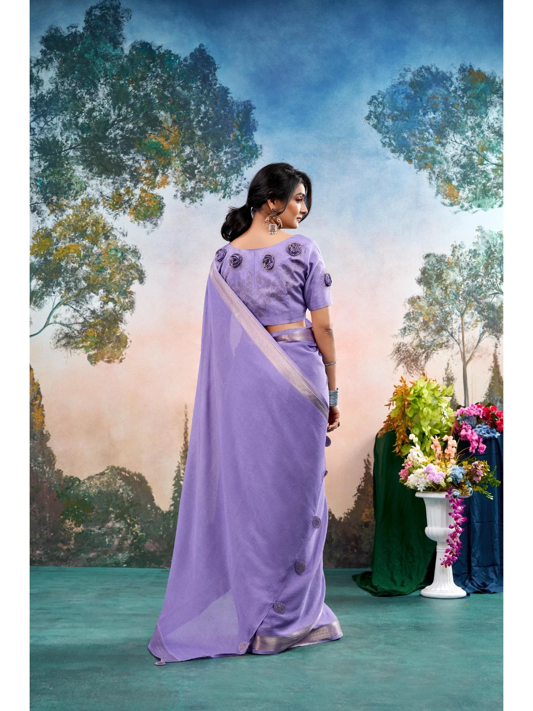 Lavender Chinon Saree Featuring Classic Golden Zari Border with Smooth Solid Finish - Image 2