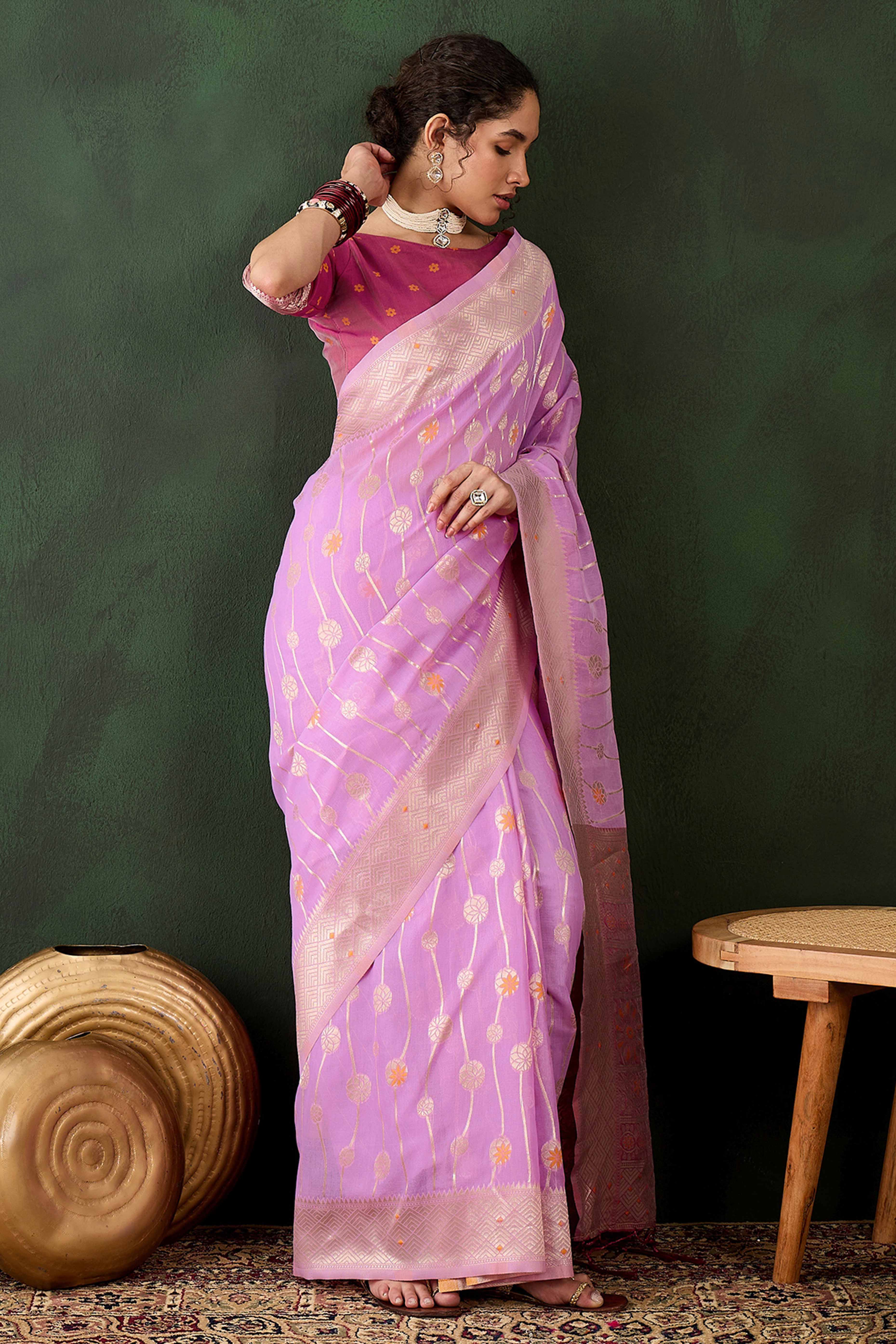 Lavender Cotton Blend Saree Adorned With Intricate Floral Zari Weaving & A Stylish Tassel Pallu - Image 3
