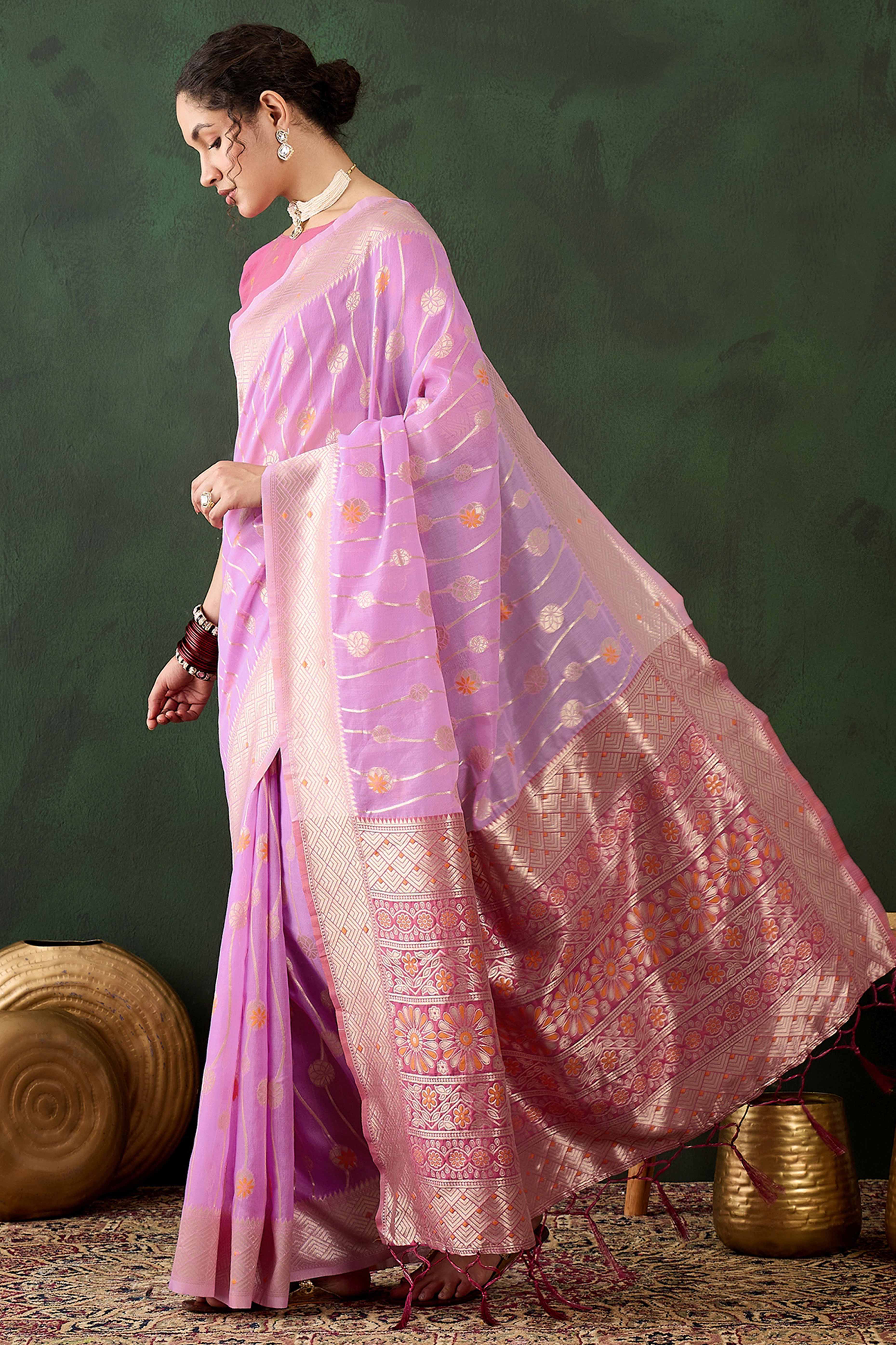 Lavender Cotton Blend Saree Adorned With Intricate Floral Zari Weaving & A Stylish Tassel Pallu - Image 4