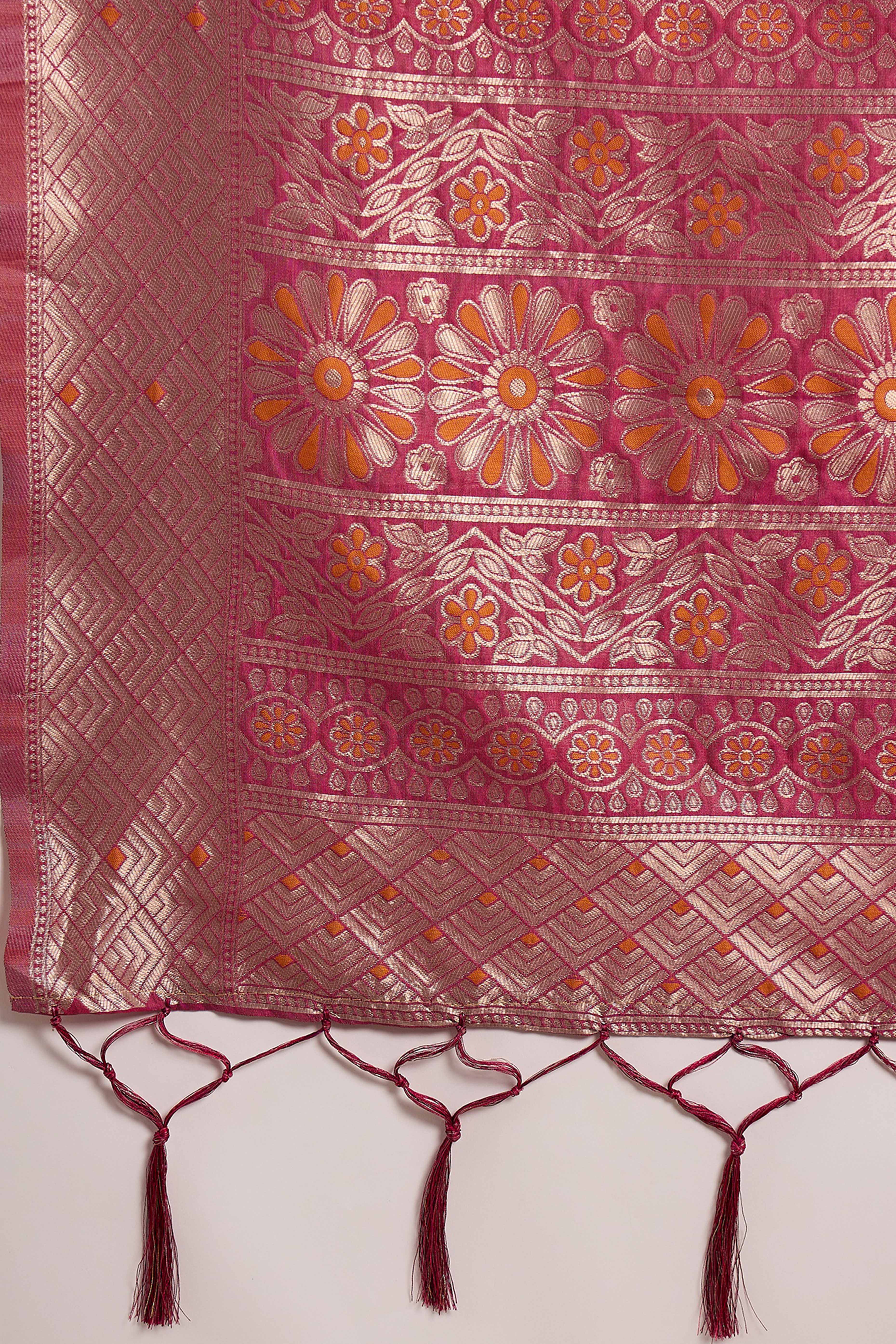 Lavender Cotton Blend Saree Adorned With Intricate Floral Zari Weaving & A Stylish Tassel Pallu - Image 8