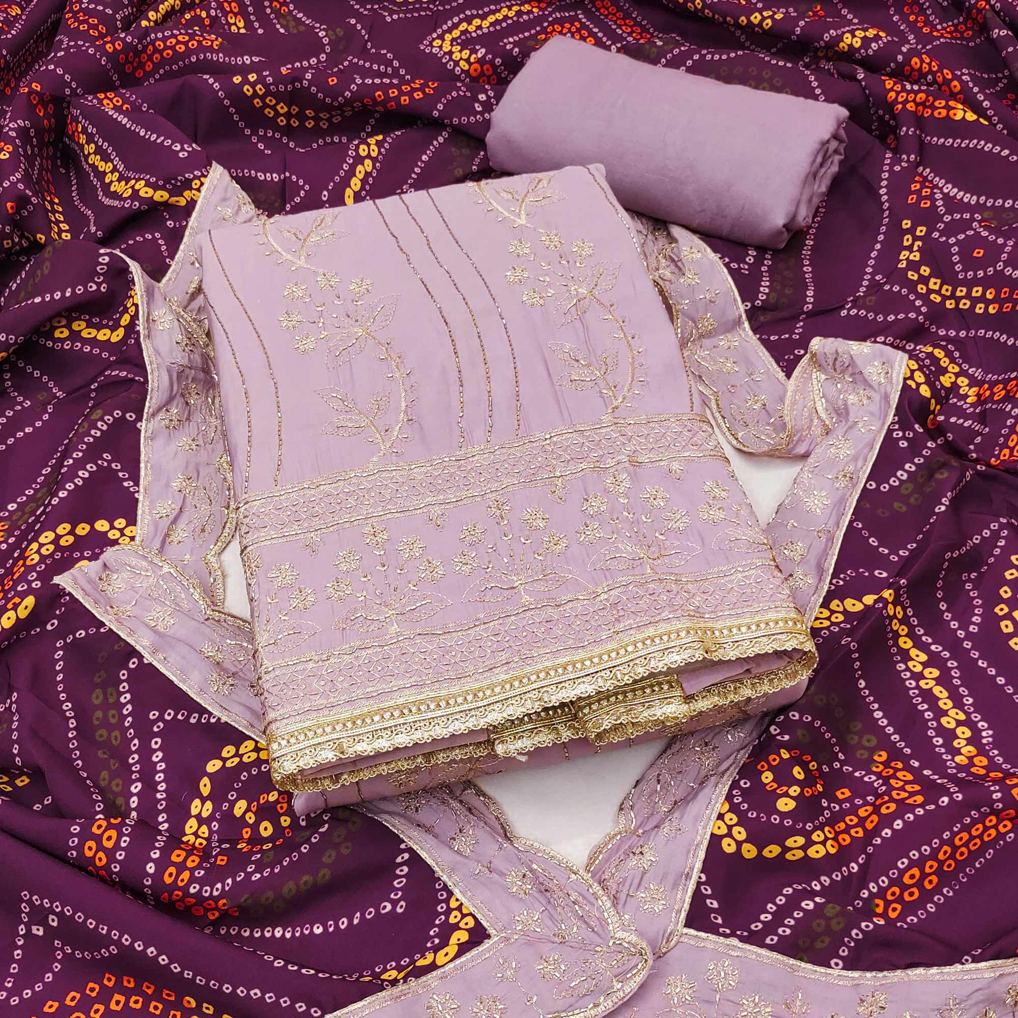 Lavender Cotton Silk Dress Material Embellished With Elegant Floral Hand Embroidery Work
