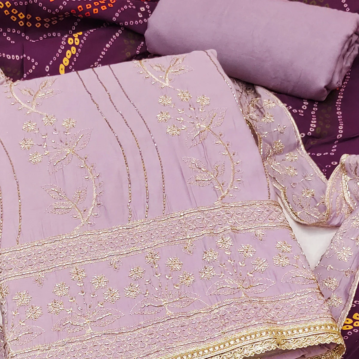 Lavender Cotton Silk Dress Material Embellished With Elegant Floral Hand Embroidery Work - Image 2