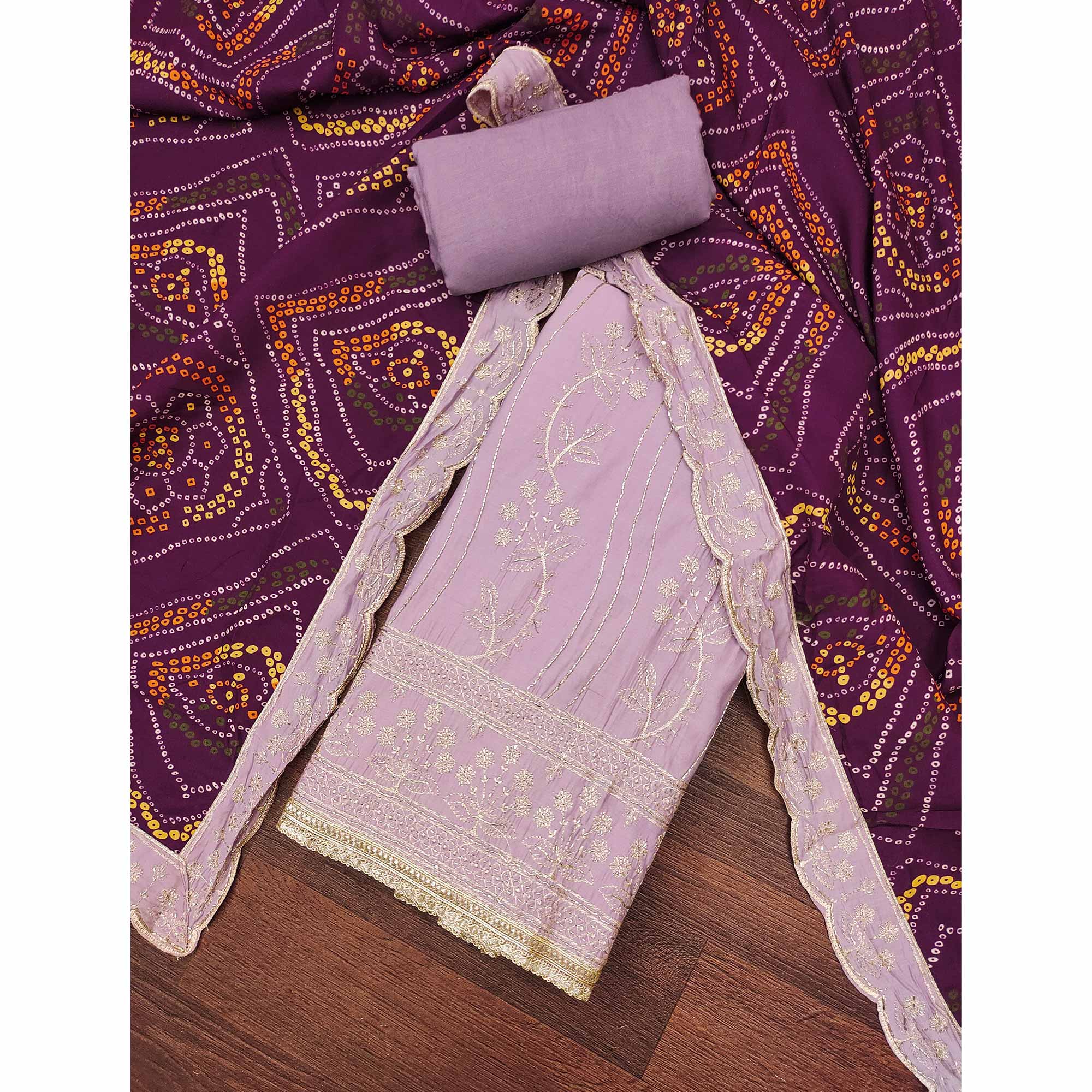 Lavender Cotton Silk Dress Material Embellished With Elegant Floral Hand Embroidery Work - Image 3