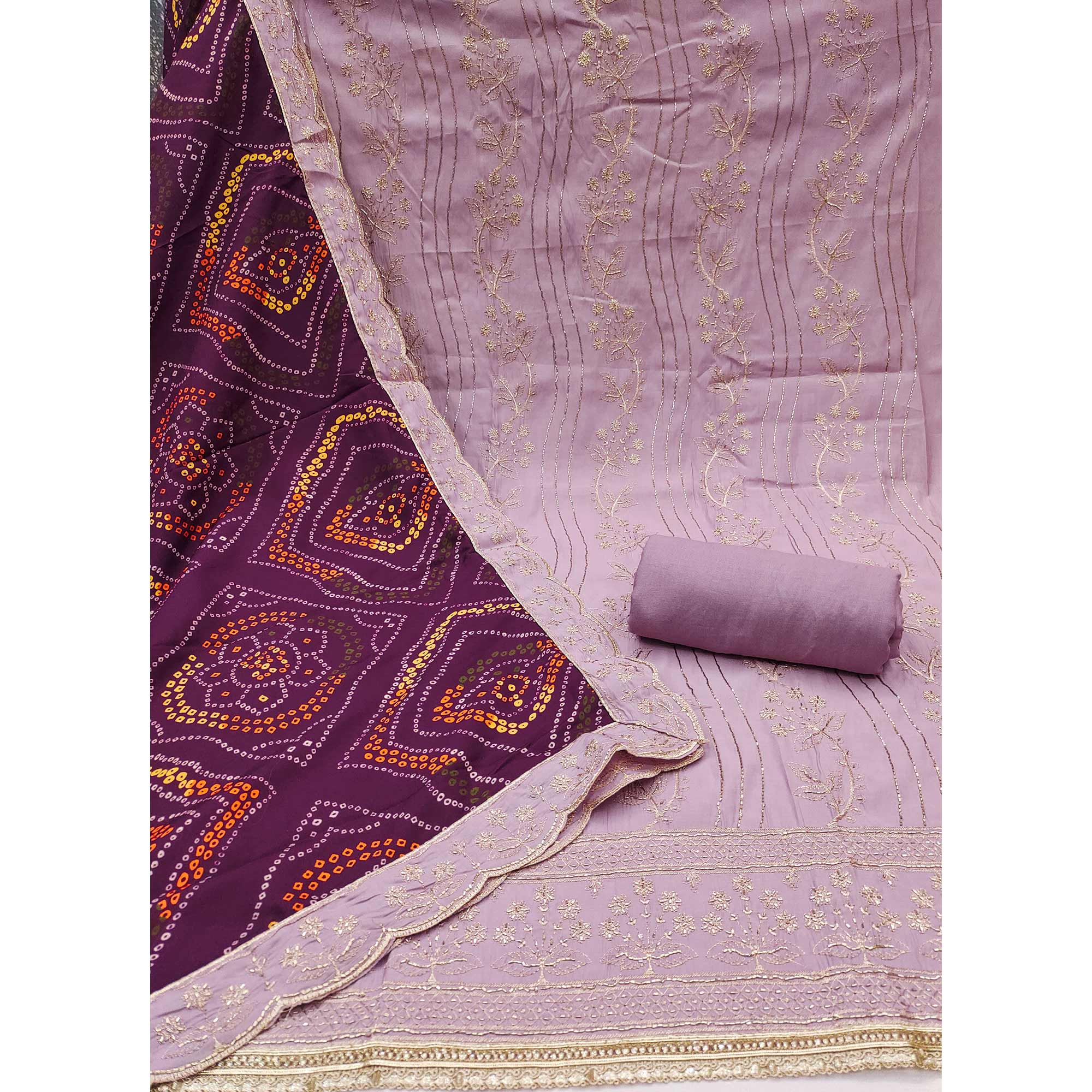 Lavender Cotton Silk Dress Material Embellished With Elegant Floral Hand Embroidery Work - Image 4