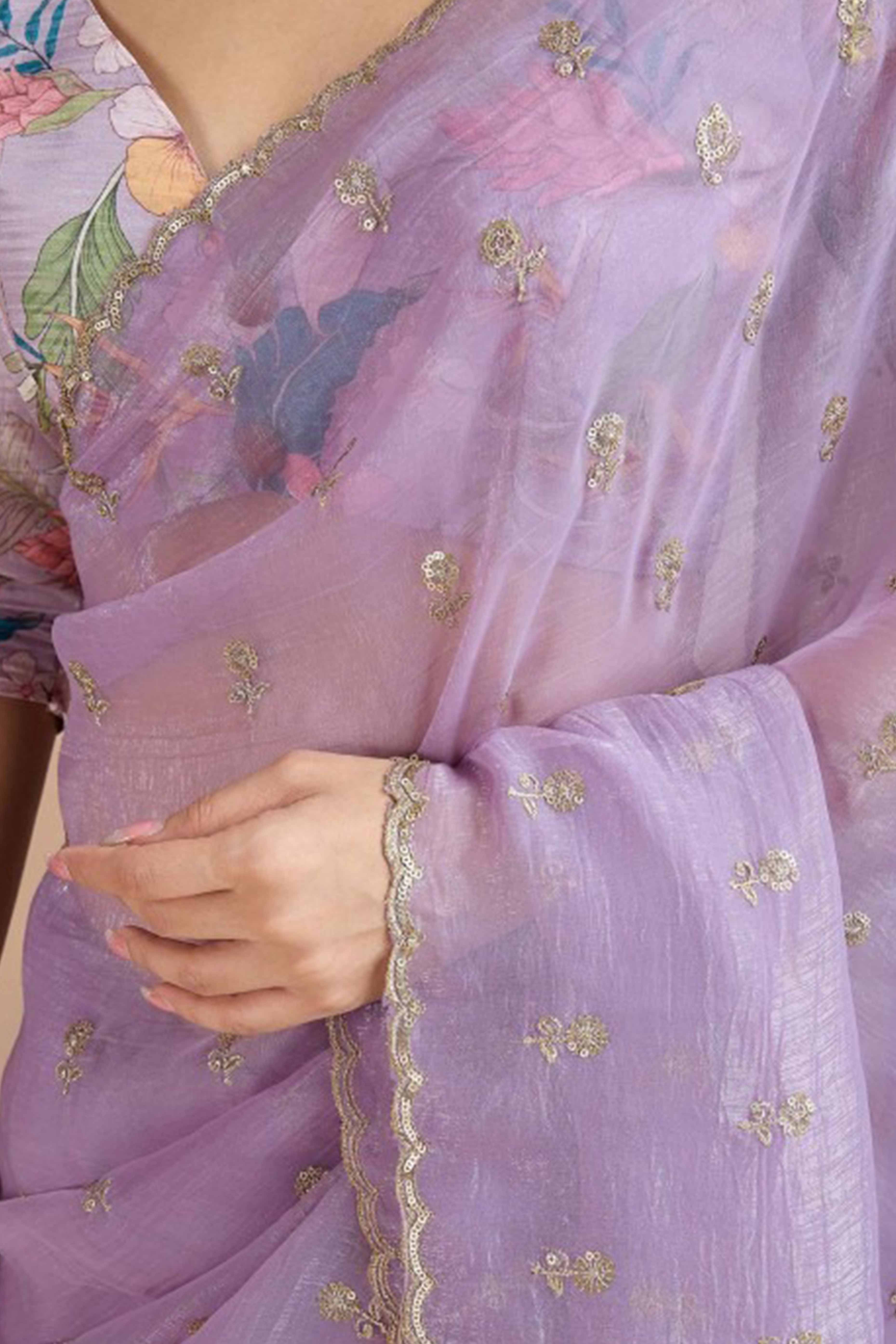 Lavender Crunchy Saree Adorned With Floral Sequins Embroidery & Graceful Border Finish - Image 5